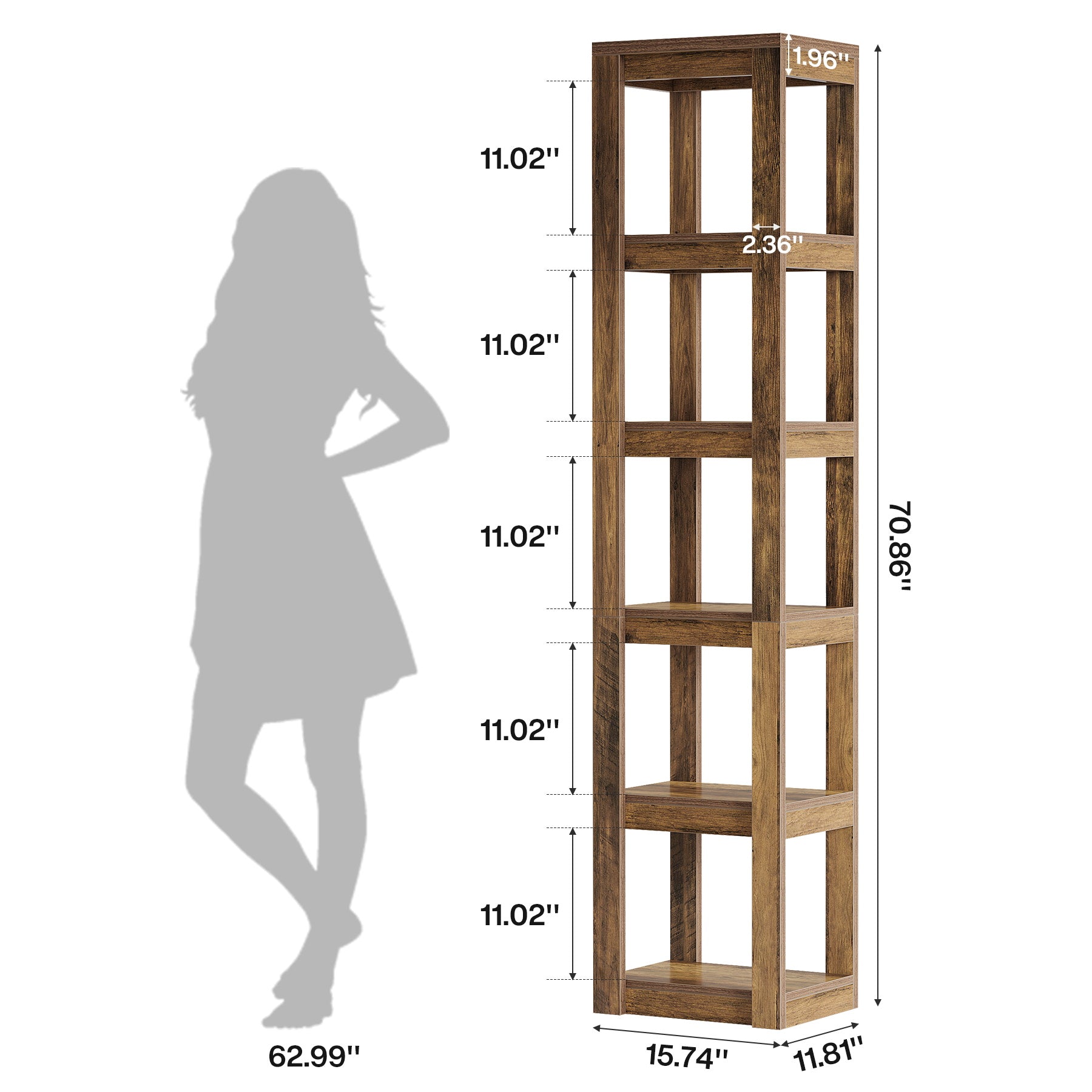 70.86" Bookshelf, 6-Tier Narrow Bookcase Corner Shelf Storage Racks for Home Office