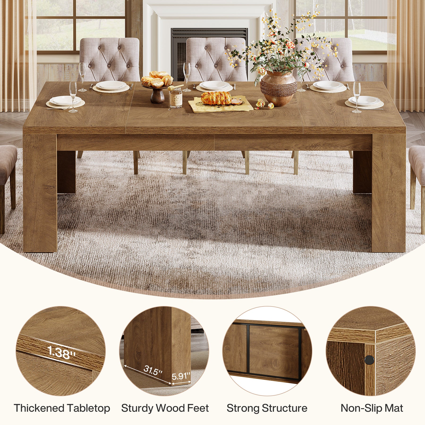 70.87" Dining Table, Rectangular Kitchen Table with Sturdy Frame for 6-8