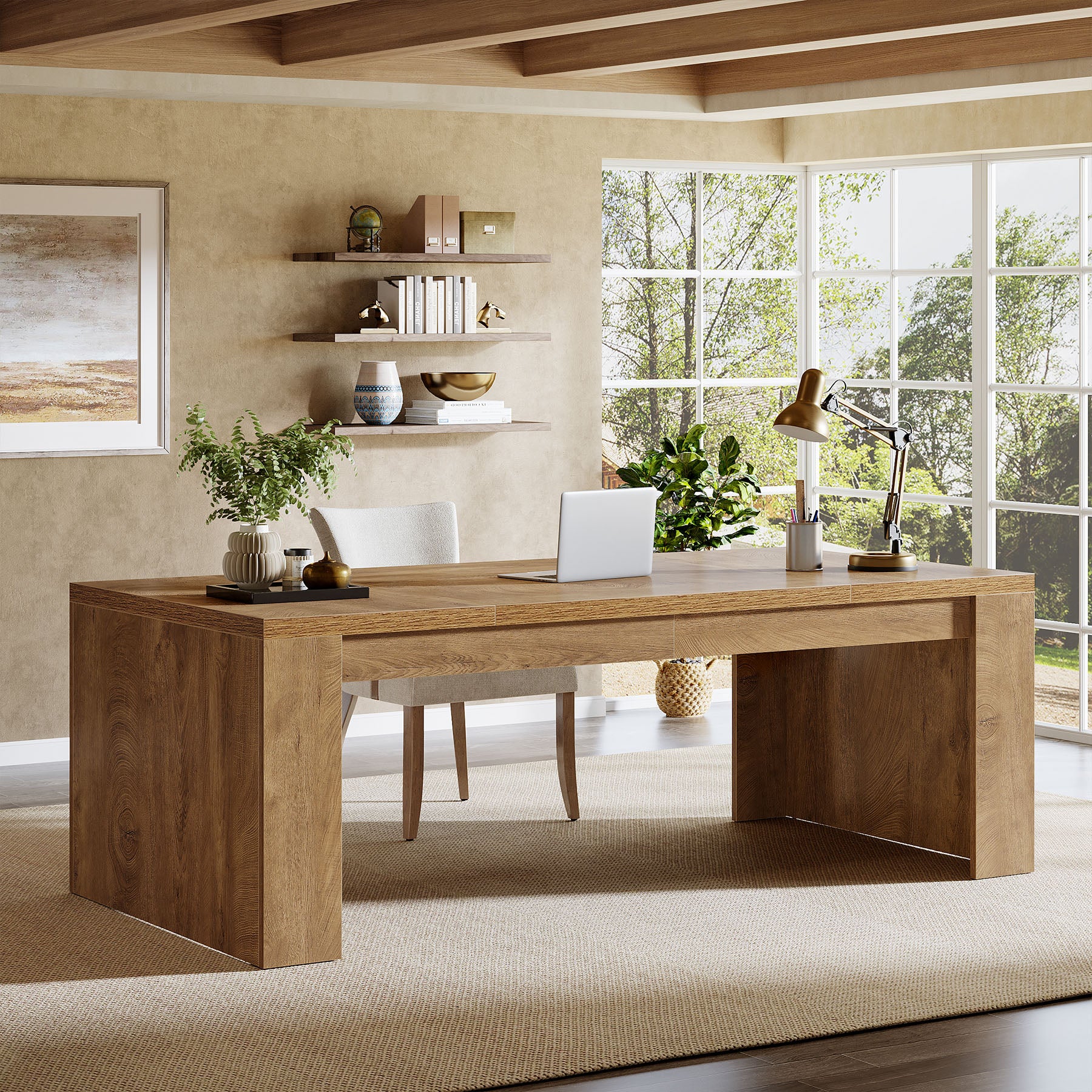 70.87" Executive Desk, Farmhouse Computer Desk with Double Pedestal Legs