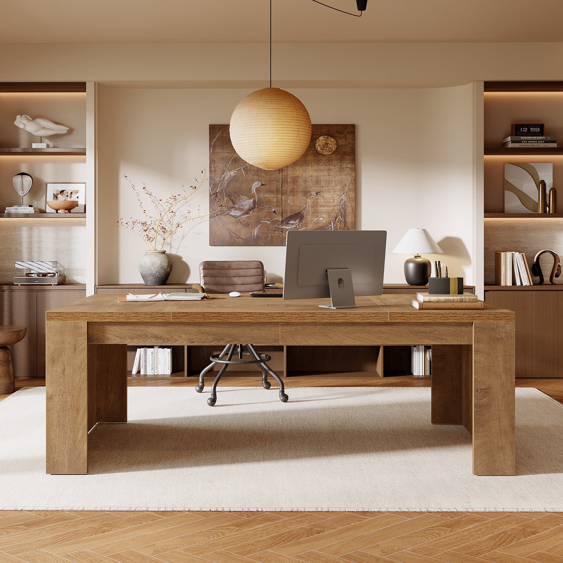 70.87" Executive Desk, Farmhouse Computer Desk with Double Pedestal Legs