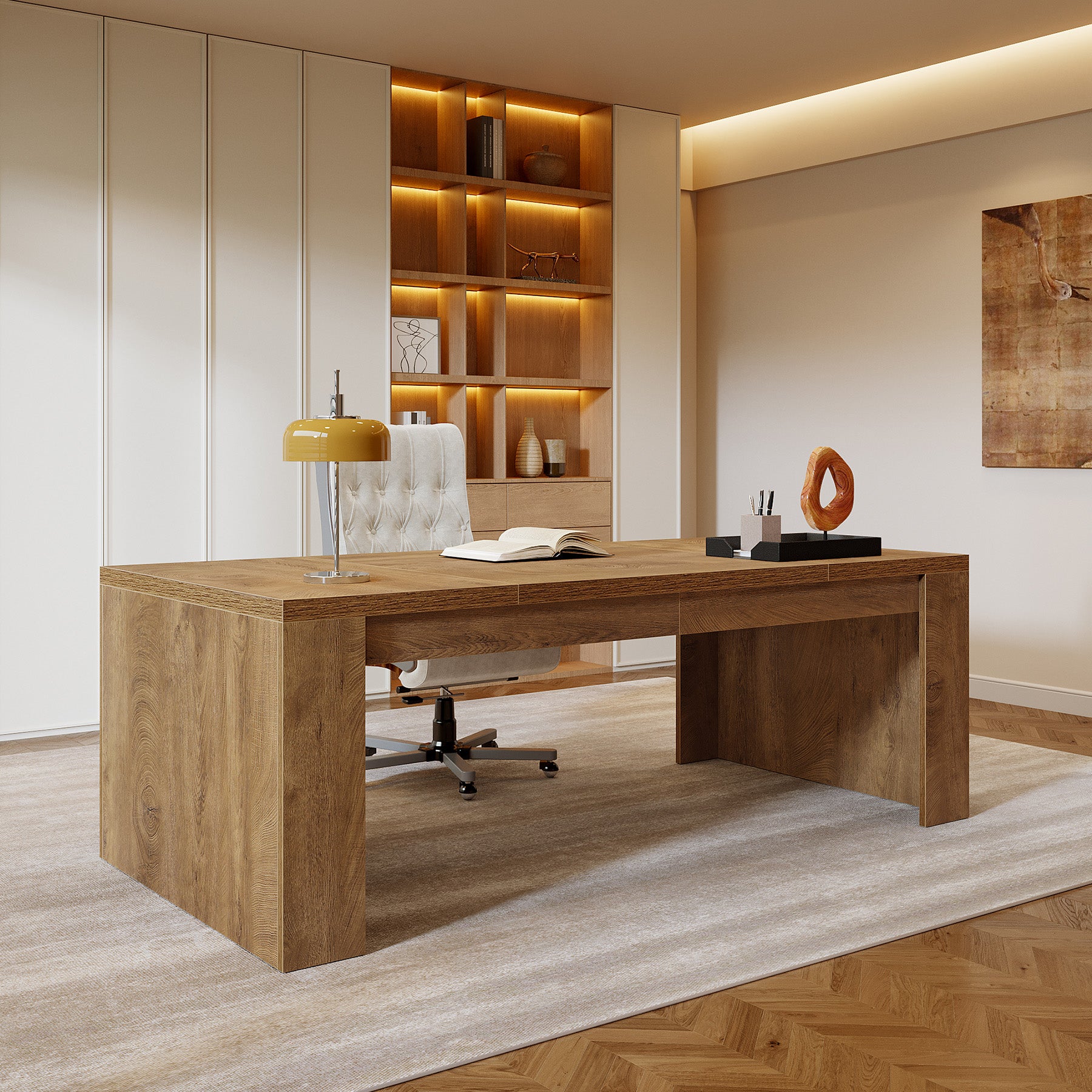 70.87" Executive Desk, Farmhouse Computer Desk with Double Pedestal Legs