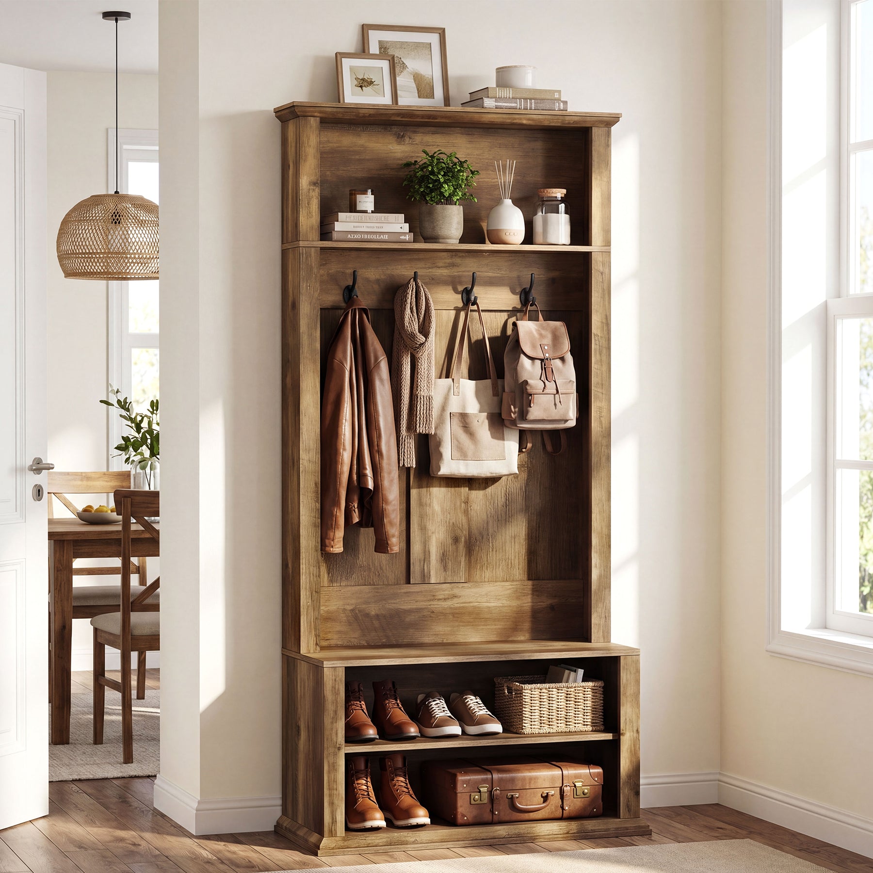 70.89" Tall Hall Tree, Entryway Coat Rack with Bench and Shoe Storage