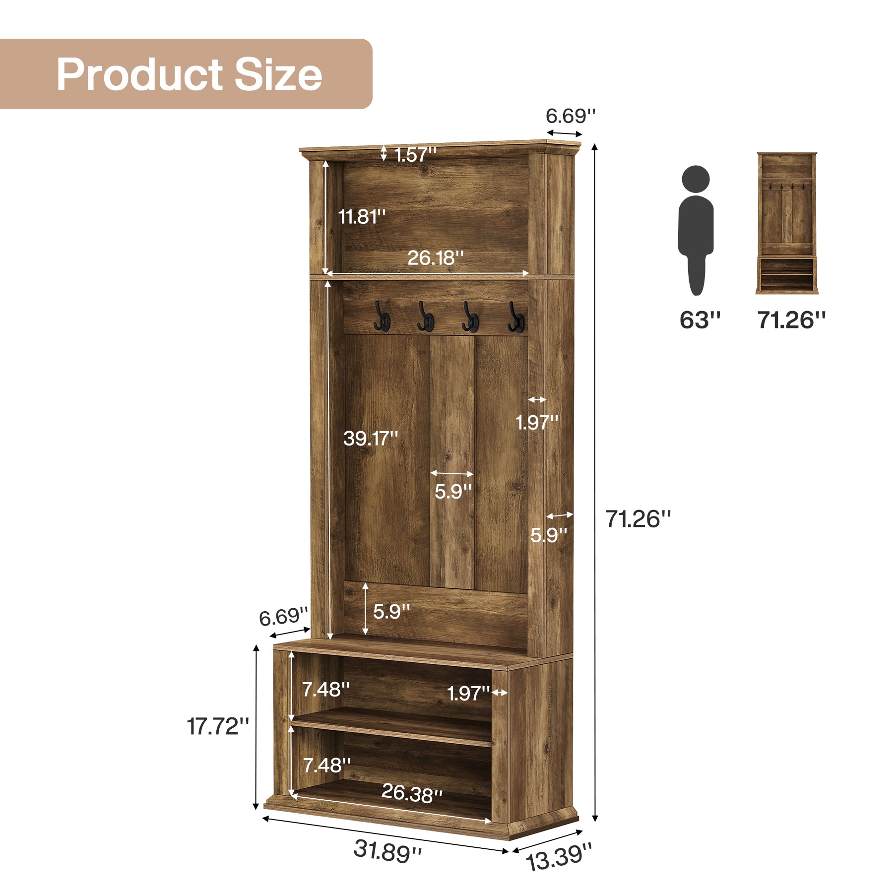 70.89" Tall Hall Tree, Entryway Coat Rack with Bench and Shoe Storage