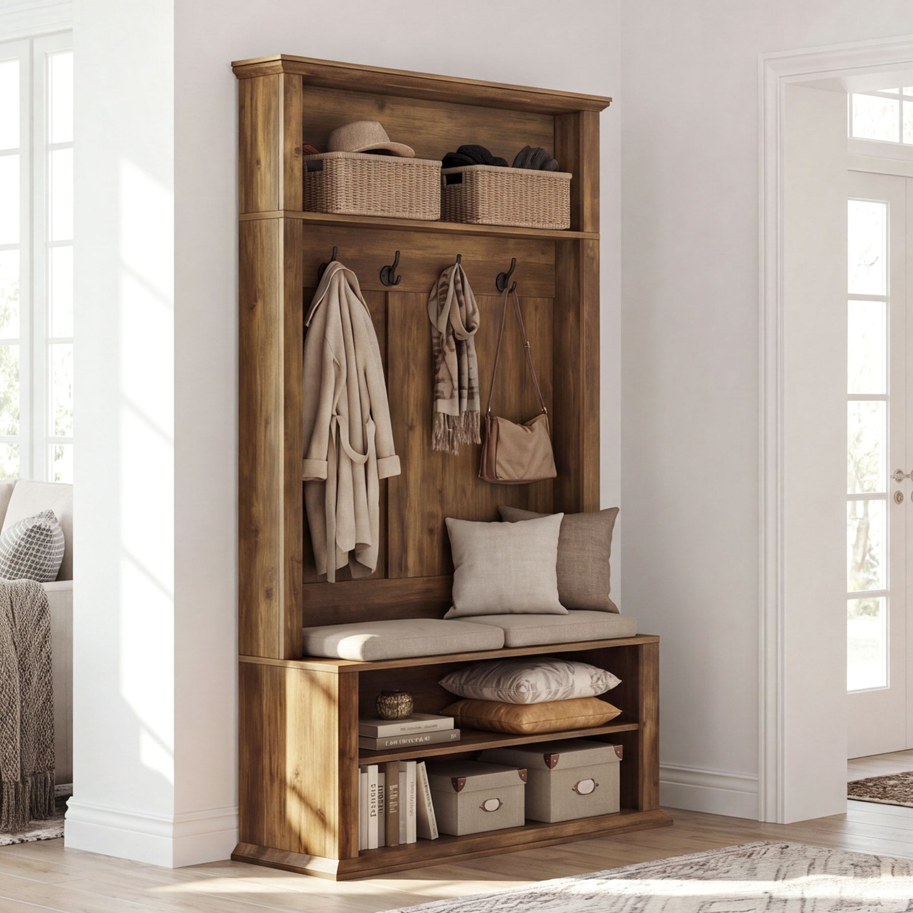 70.89" Tall Hall Tree, Entryway Coat Rack with Bench and Shoe Storage