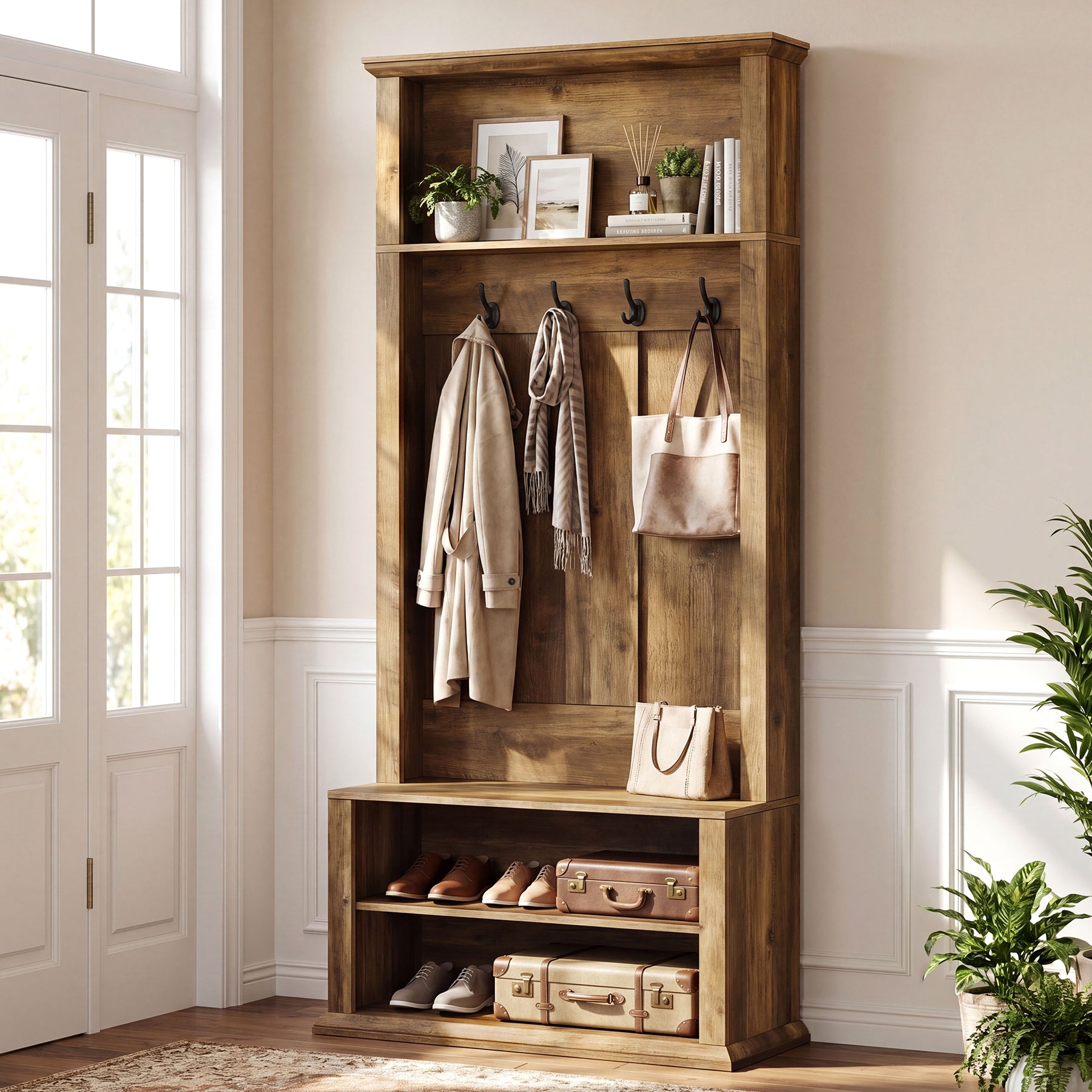 70.89" Tall Hall Tree, Entryway Coat Rack with Bench and Shoe Storage
