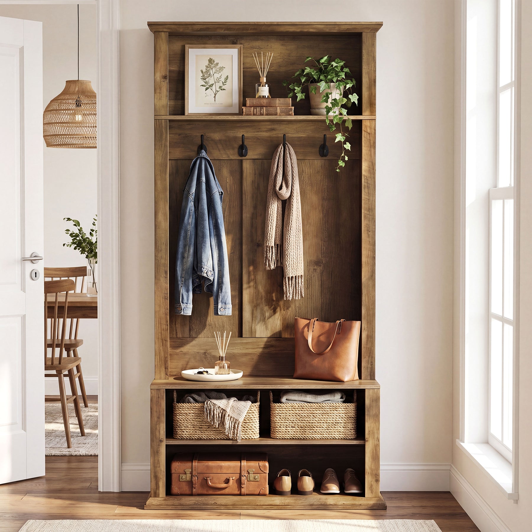 70.89" Tall Hall Tree, Entryway Coat Rack with Bench and Shoe Storage