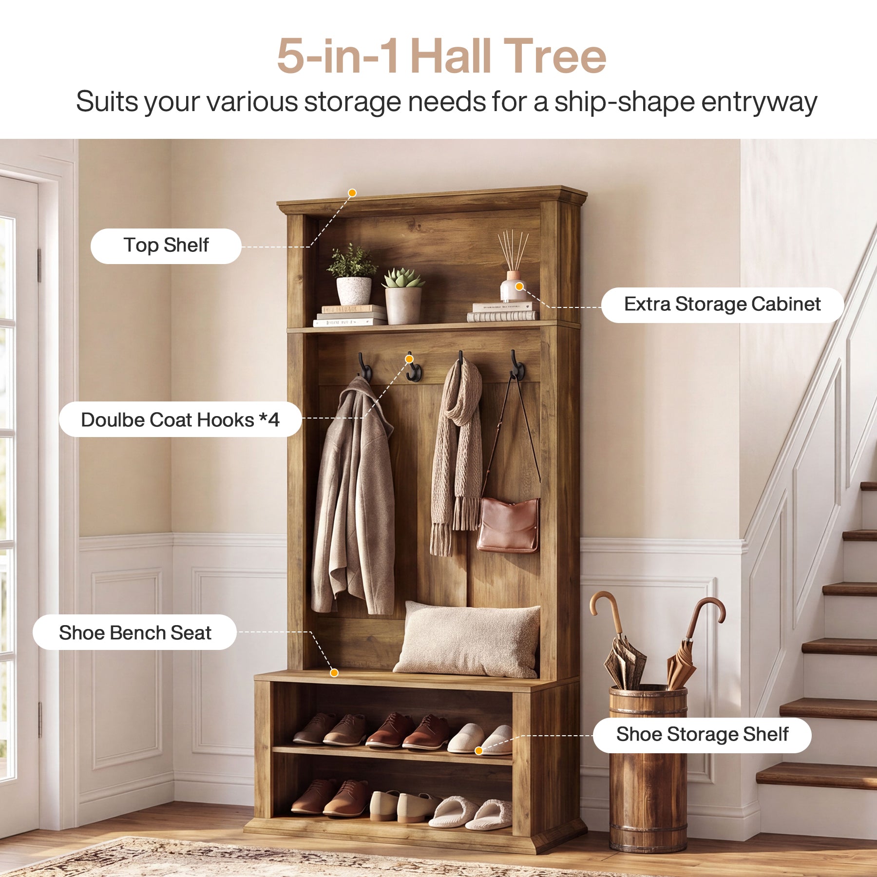 70.89" Tall Hall Tree, Entryway Coat Rack with Bench and Shoe Storage
