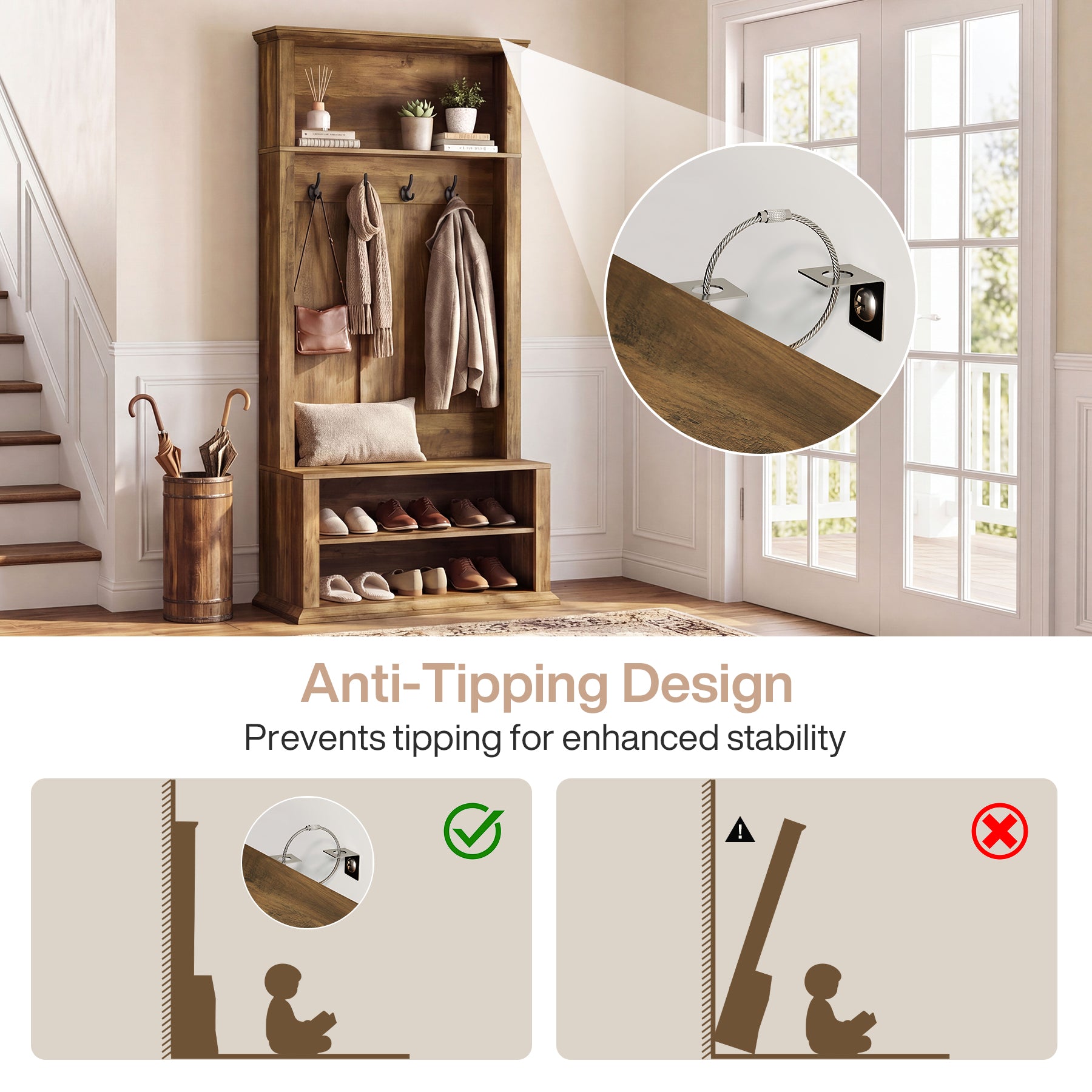 70.89" Tall Hall Tree, Entryway Coat Rack with Bench and Shoe Storage