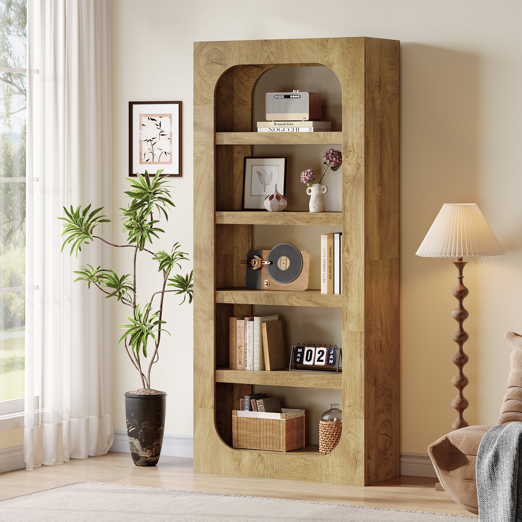 70.8" Bookcase, 5-Tier Wooden Bookshelf Display Storage Shelves