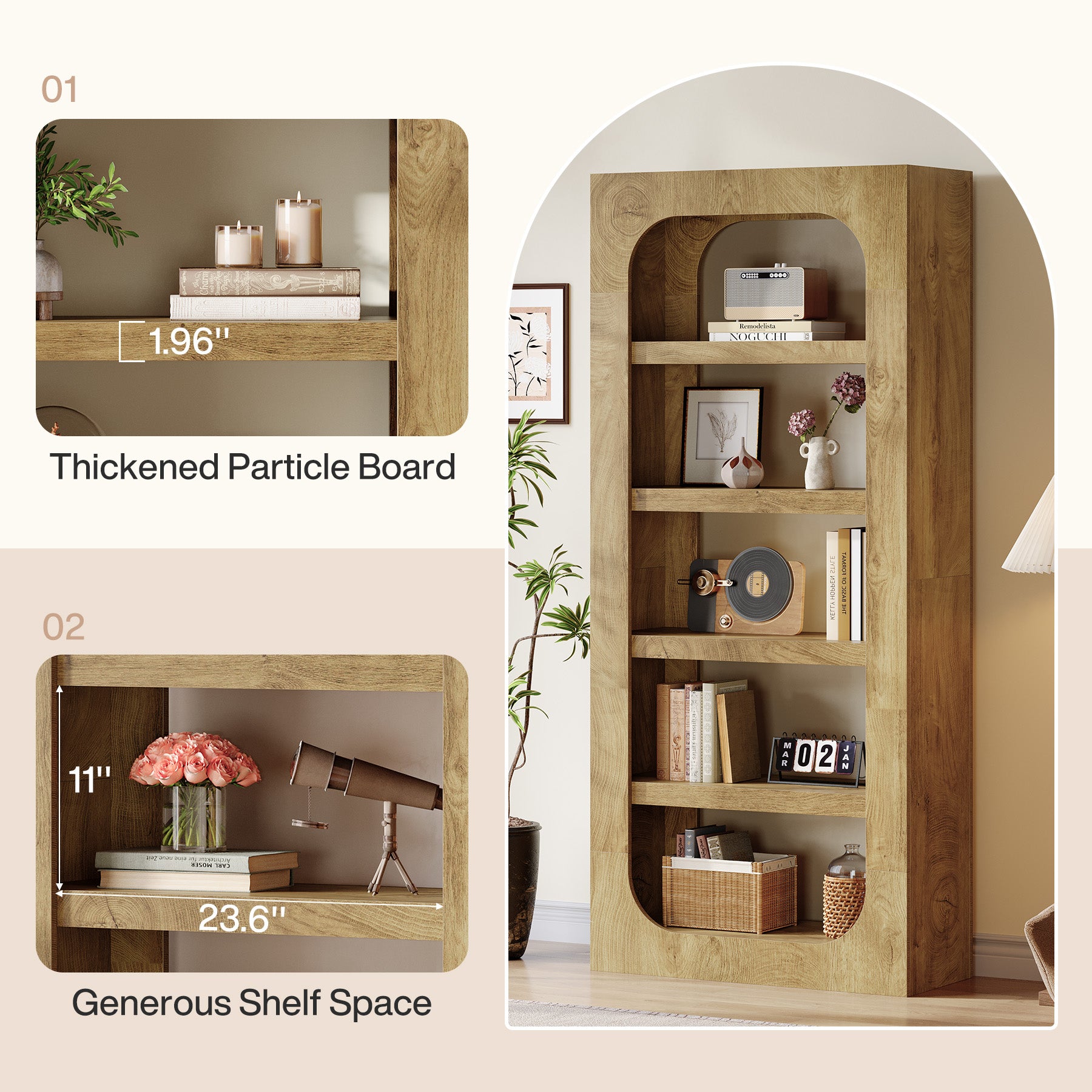 70.8" Bookcase, 5-Tier Wooden Bookshelf Display Storage Shelves