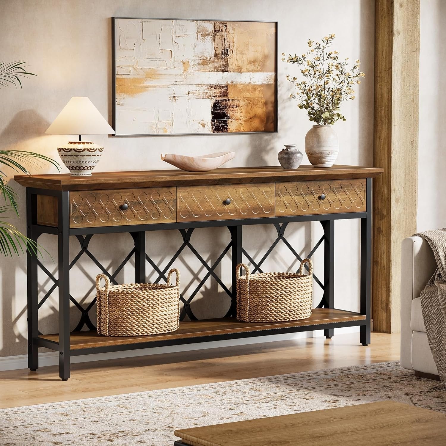 70.8" Console Table, 2-Tier Narrow Entryway Table Sofa Table with 3 Drawers