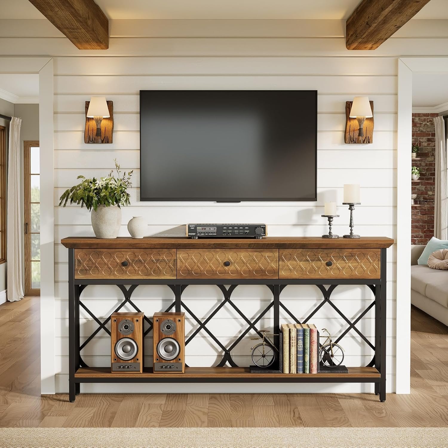 70.8" Console Table, 2-Tier Narrow Entryway Table Sofa Table with 3 Drawers