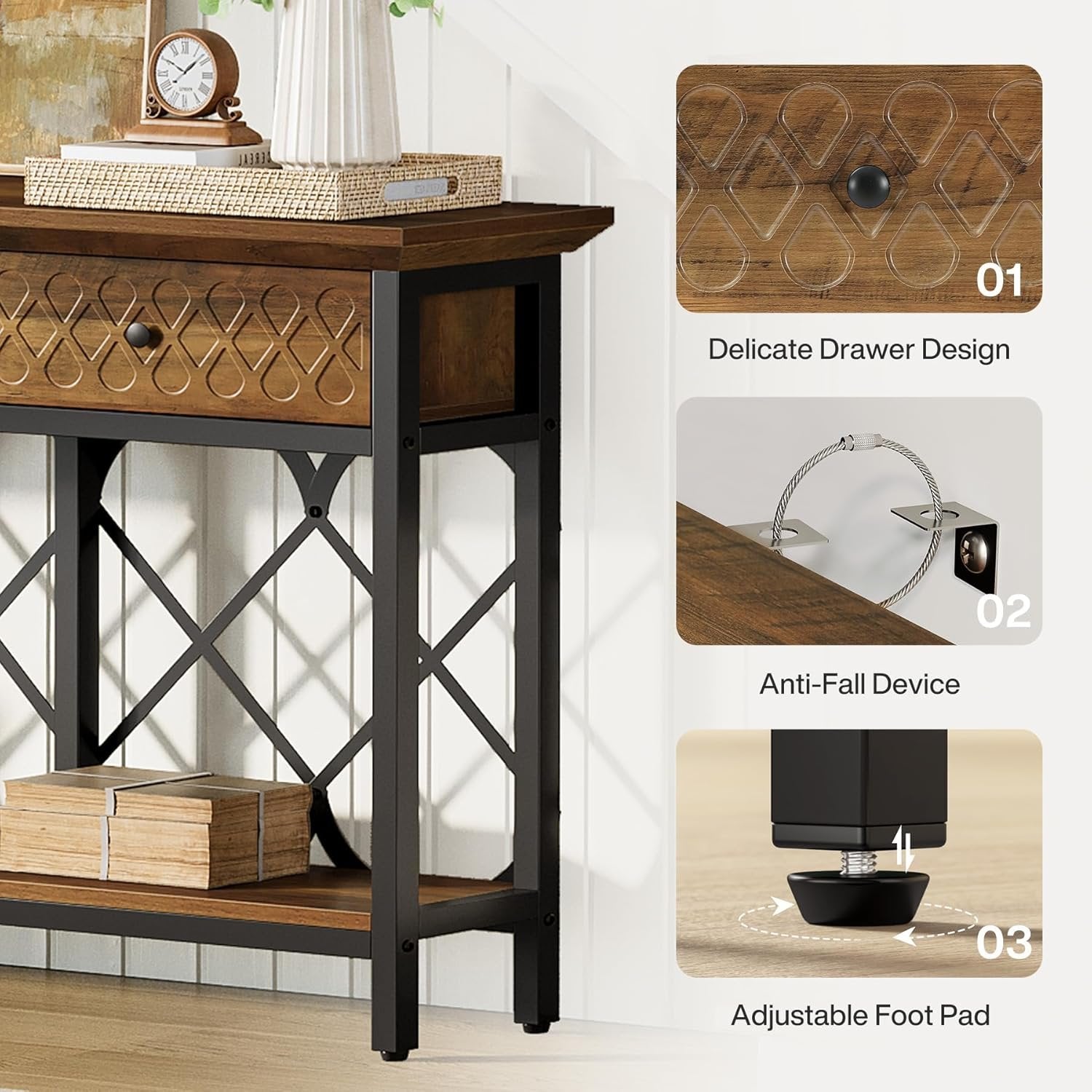 70.8" Console Table, 2-Tier Narrow Entryway Table Sofa Table with 3 Drawers