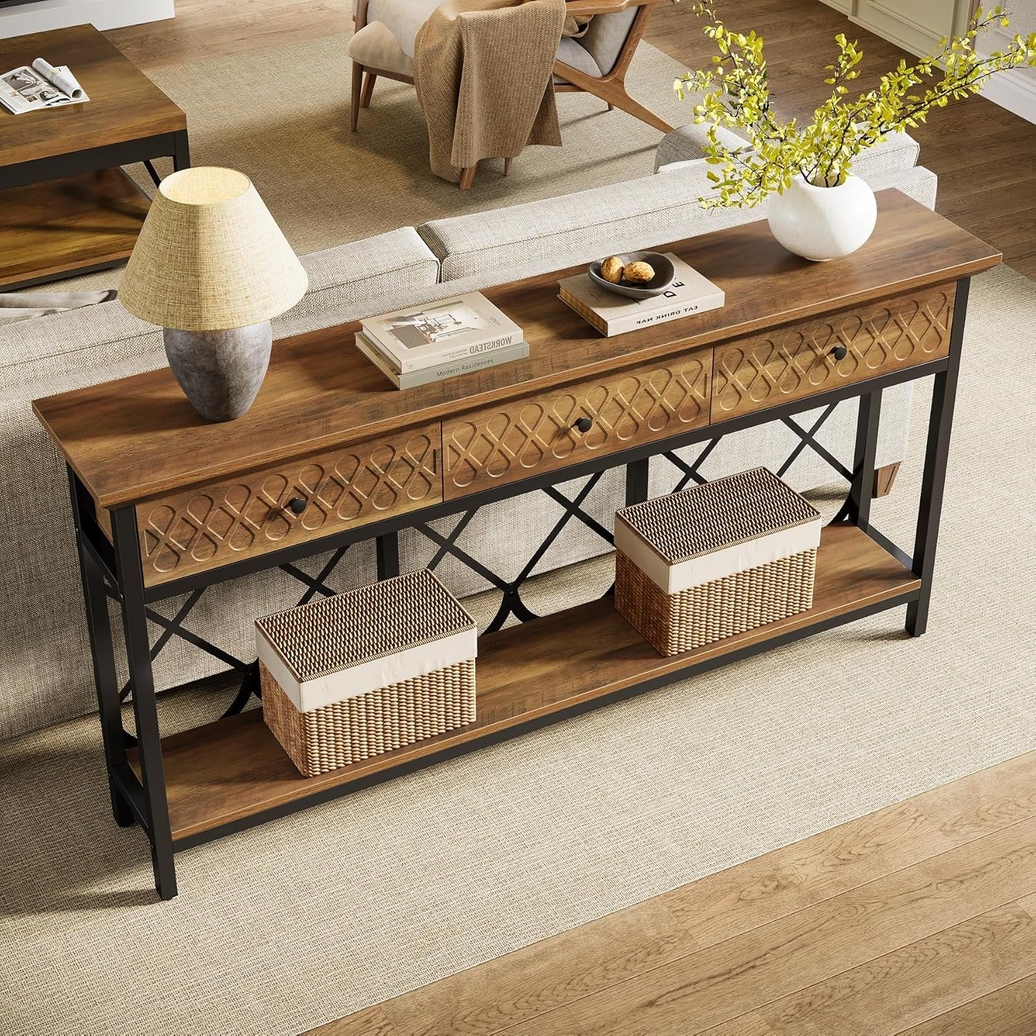 70.8" Console Table, 2-Tier Narrow Entryway Table Sofa Table with 3 Drawers