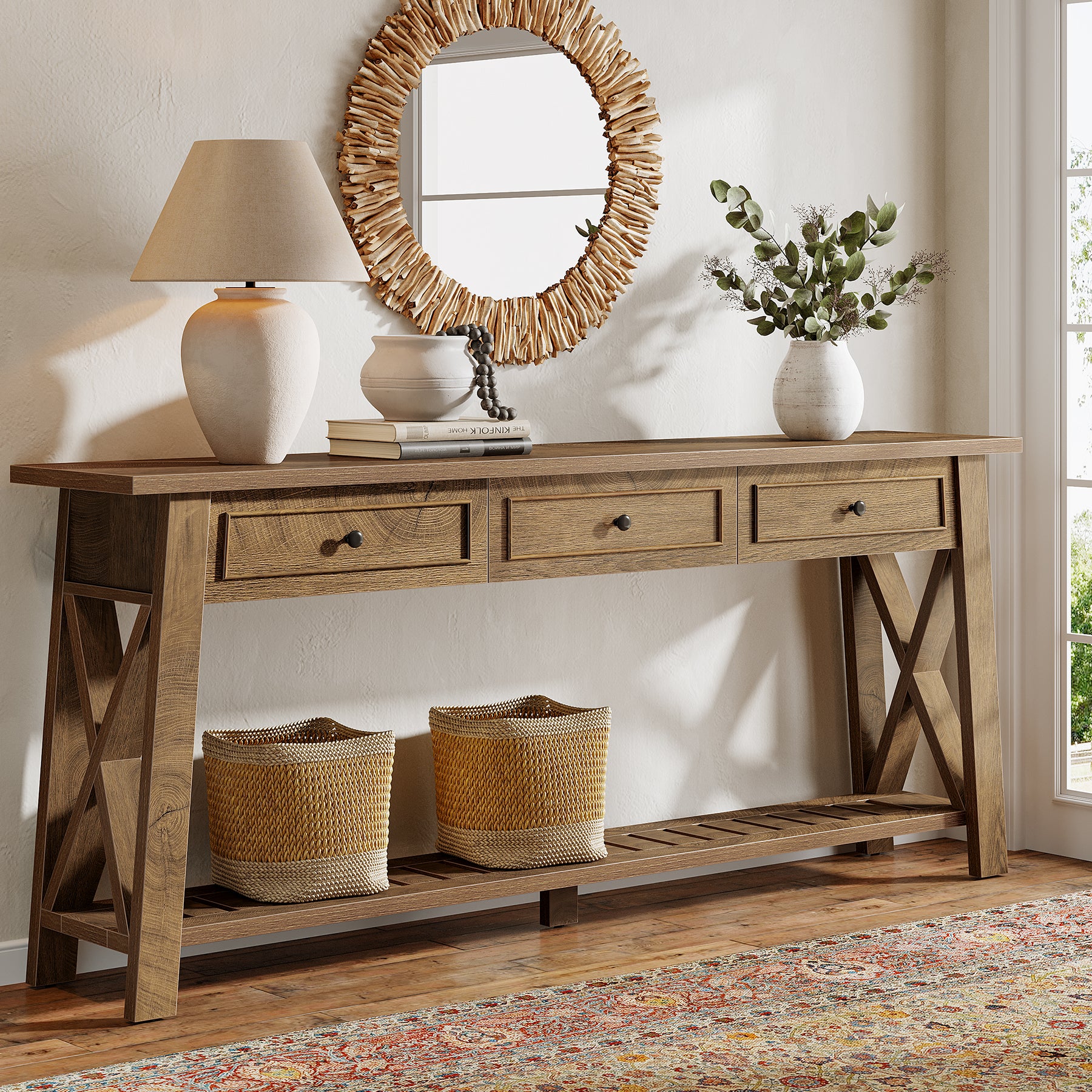 70.8" Console Table, Long Sofa Table Behind Couch with 3 Storage Drawers