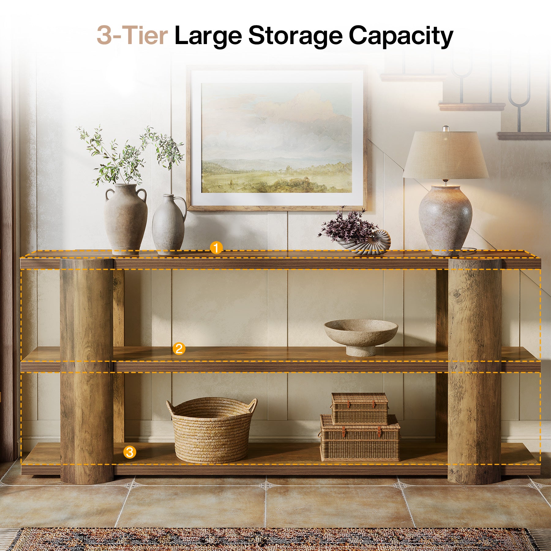 70.8" Console Table, Wooden 3-Tier Sofa Table Entryway Accent Table