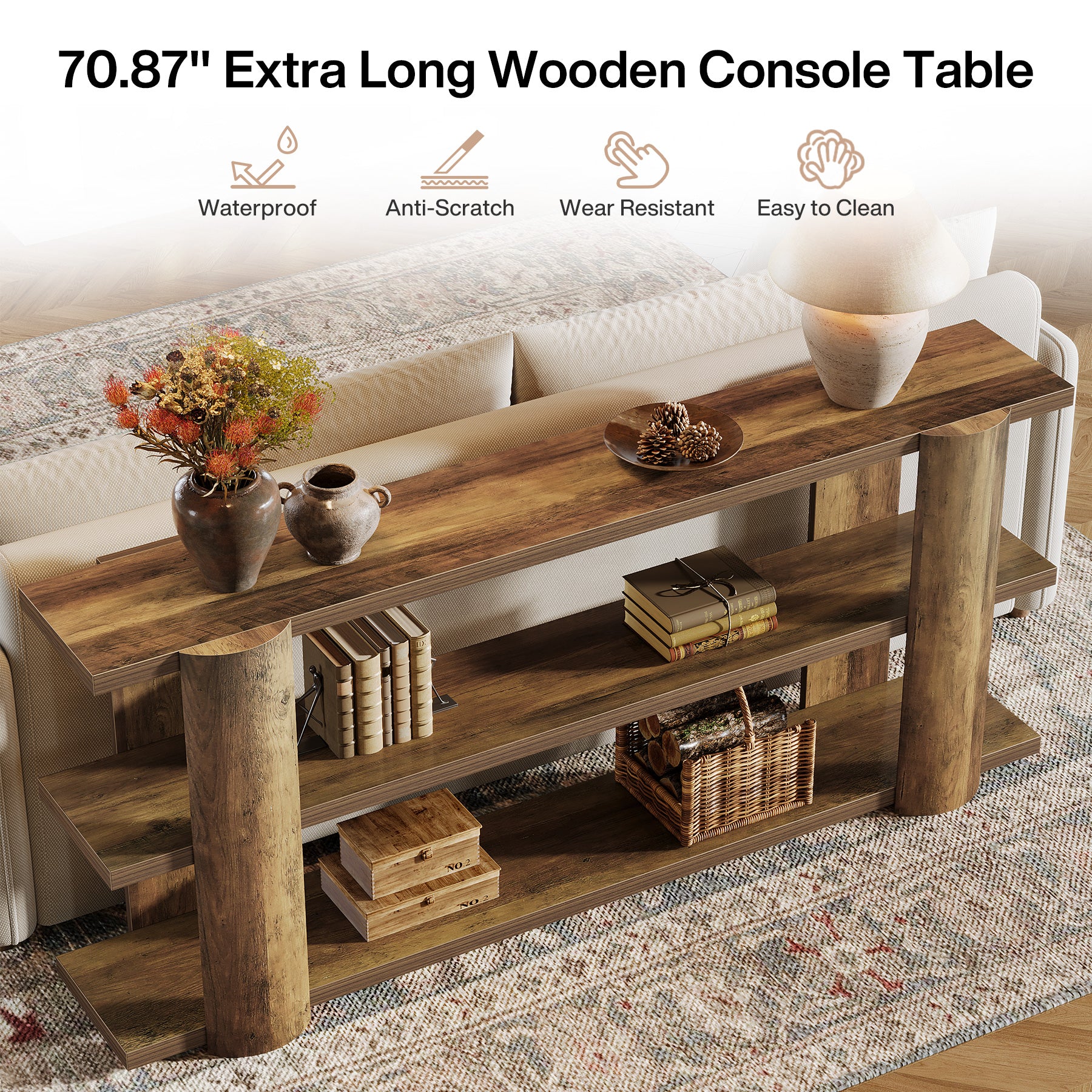 70.8" Console Table, Wooden 3-Tier Sofa Table Entryway Accent Table