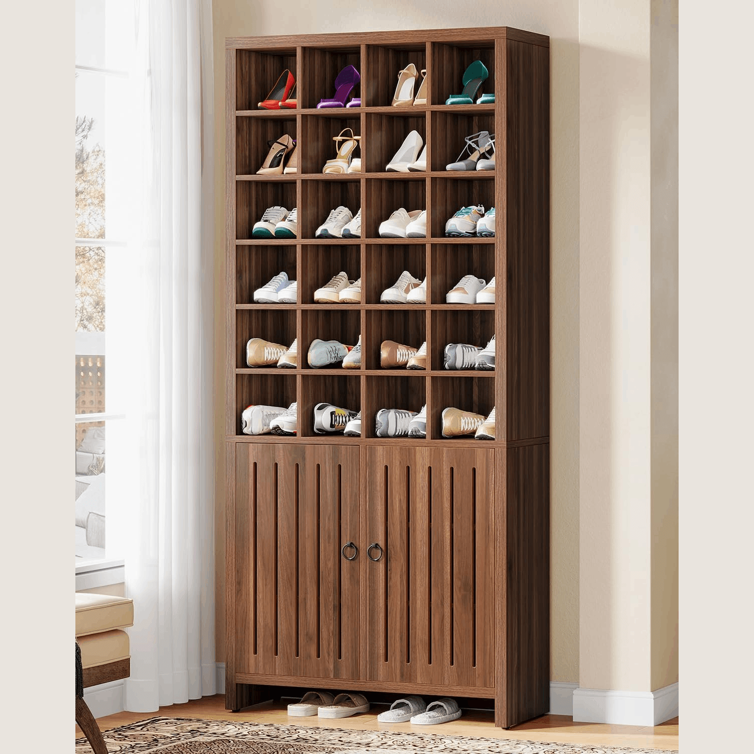 70.8" Shoe Cabinet, Freestanding Shoe Rack with 24 Storage Cubbies & 3 Hidden Shelves