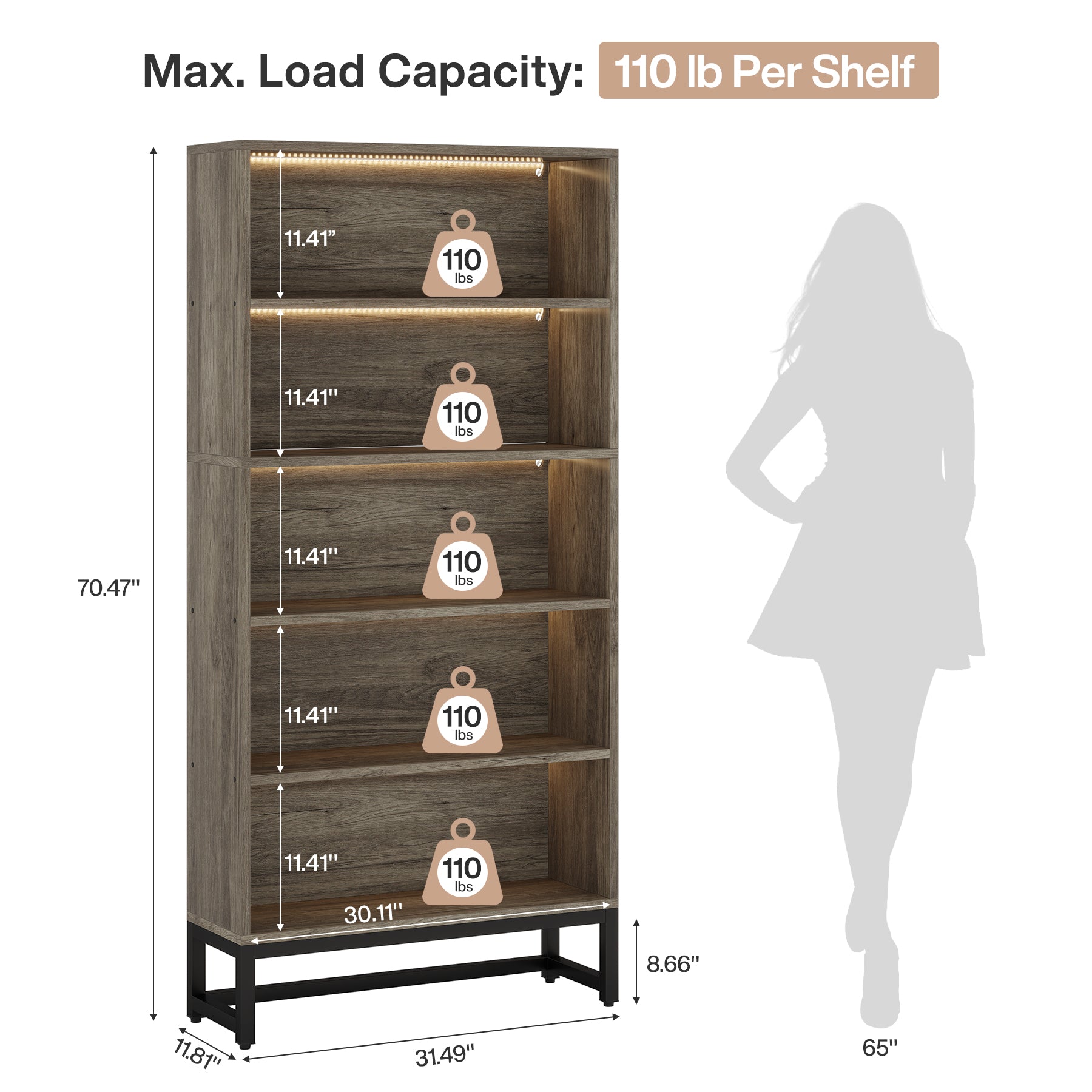 70.8" Tall Bookcase, 5-Tier Free-Standing Bookshelf Organizer with LED Lights