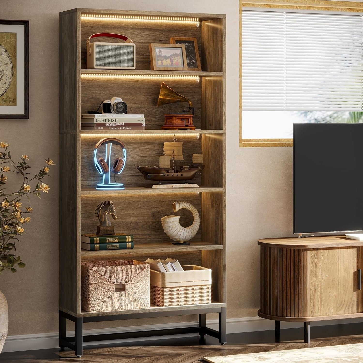 70.8" Tall Bookcase, 5-Tier Free-Standing Bookshelf Organizer with LED Lights