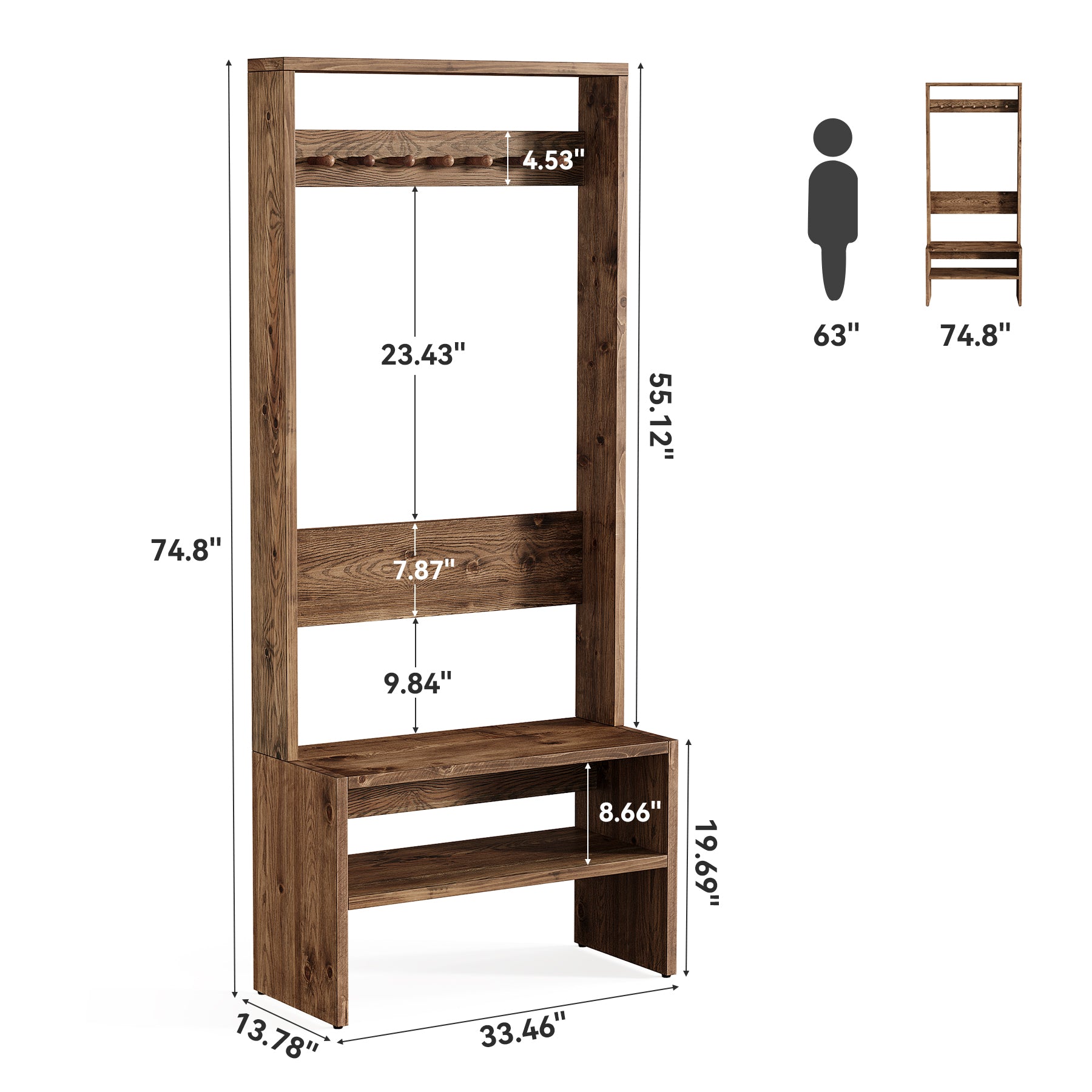 70.8" Tall Hall Tree, Freestanding Coat Rack with Bench and 7 Hooks