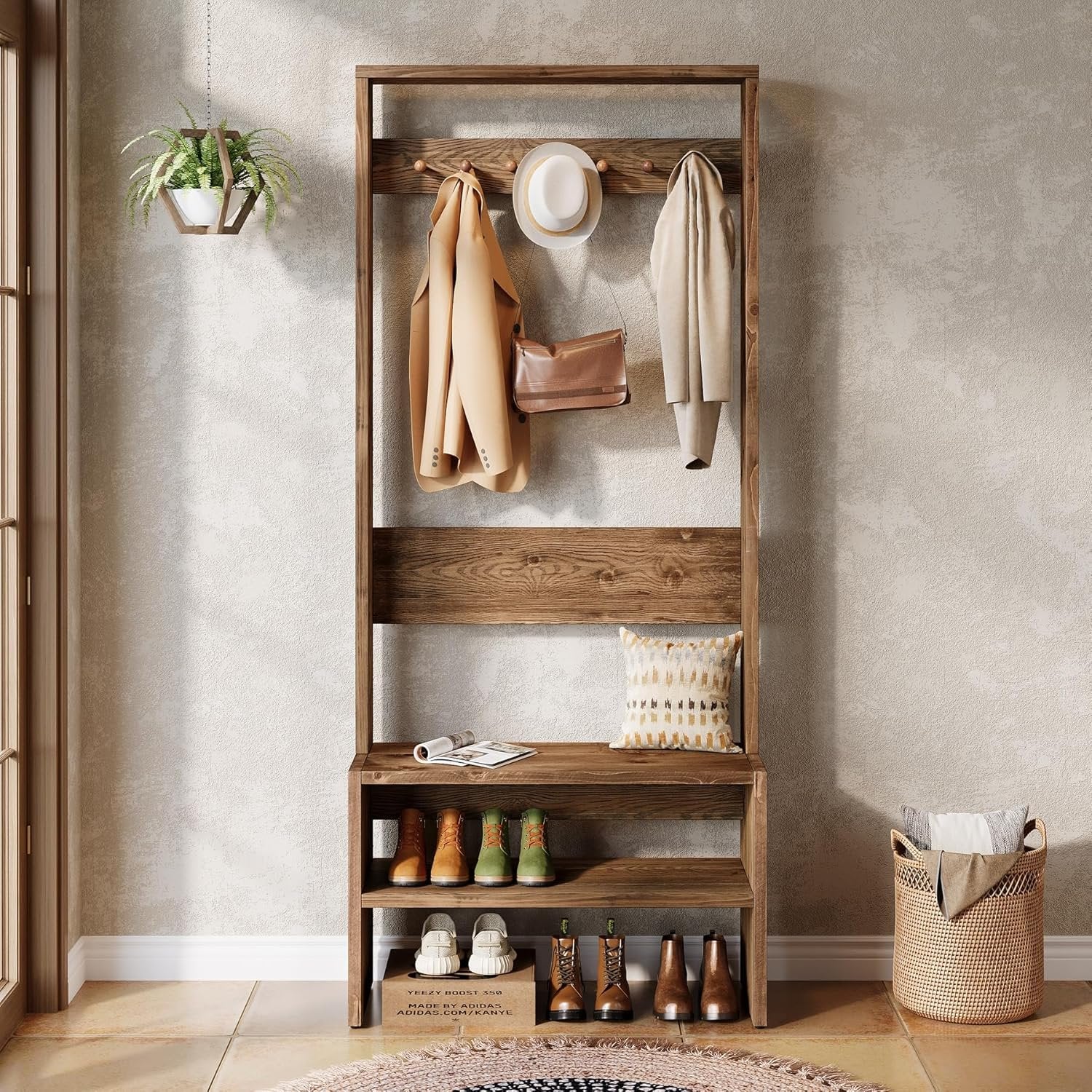 70.8" Tall Hall Tree, Freestanding Coat Rack with Bench and 7 Hooks