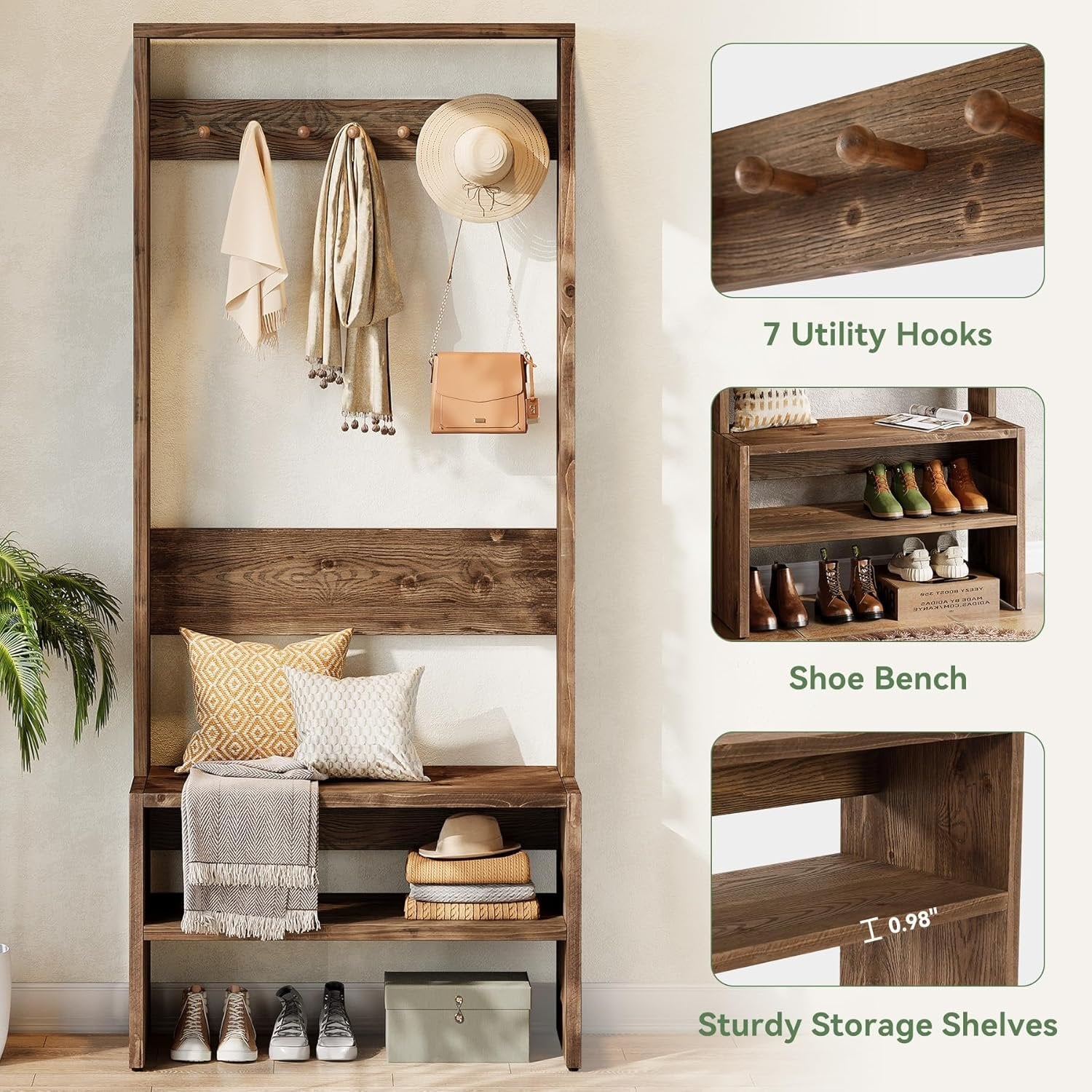 70.8" Tall Hall Tree, Freestanding Coat Rack with Bench and 7 Hooks