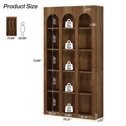 70.8" Wood Bookshelf, 5 - Tier Rustic Bookcase Display Storage Shelving Unit Tribesigns