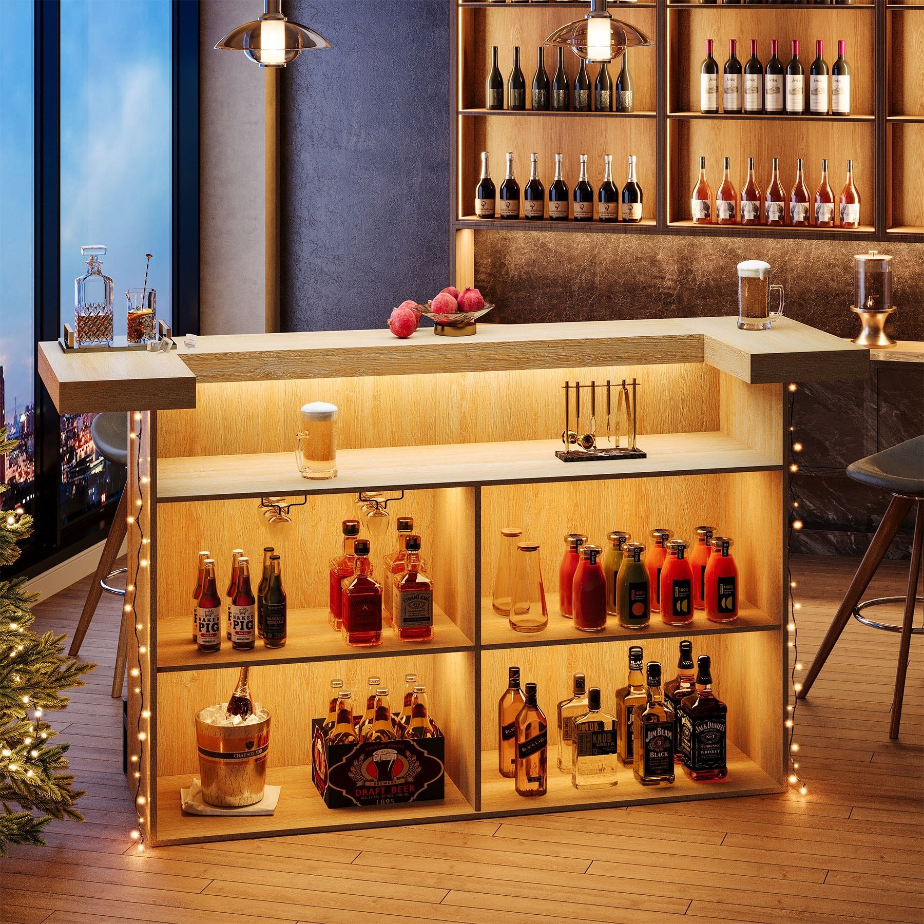 70.9" Bar Table, Modern Liquor Cabinet with 4-Tier Storage Shelves