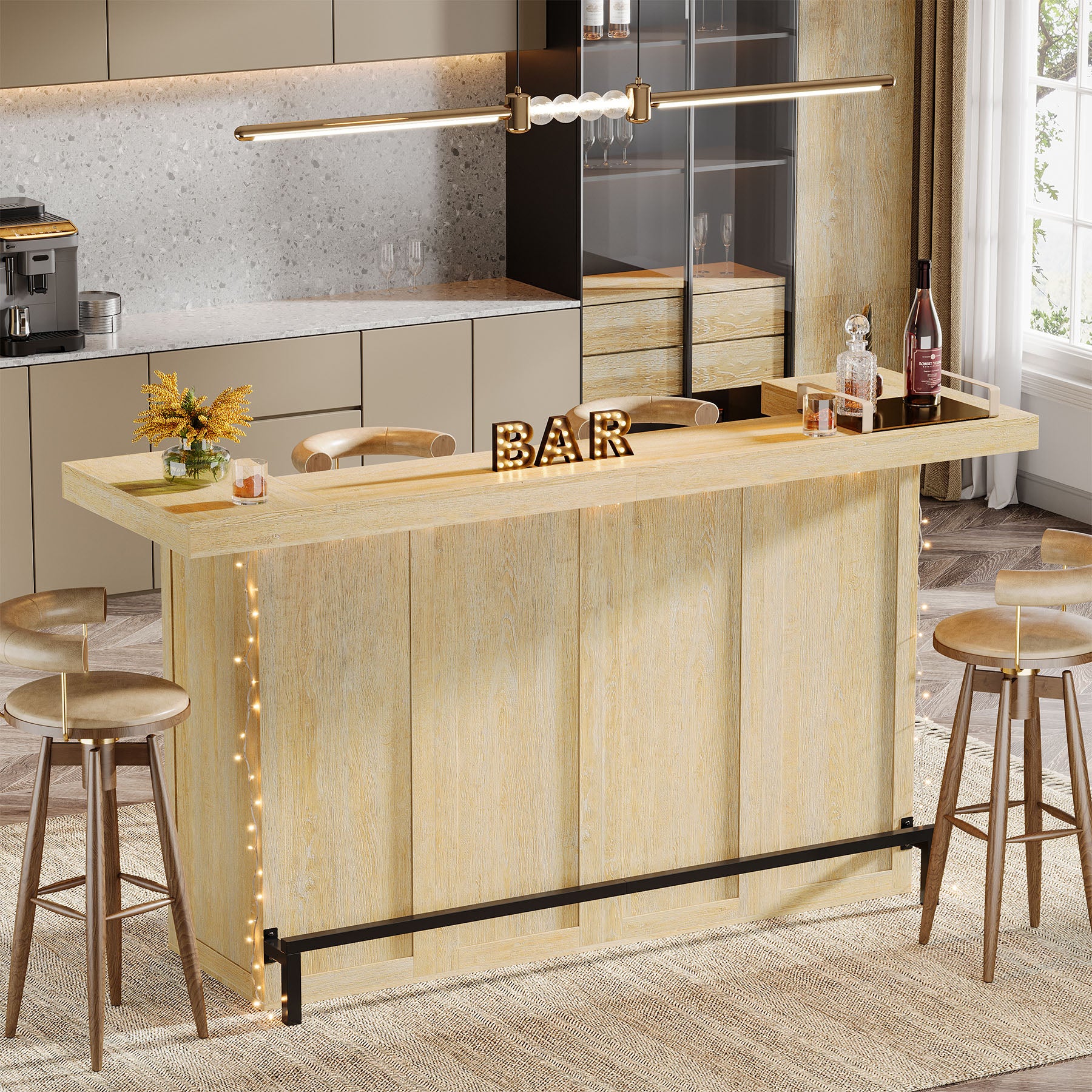 70.9" Bar Table, Modern Liquor Cabinet with 4-Tier Storage Shelves