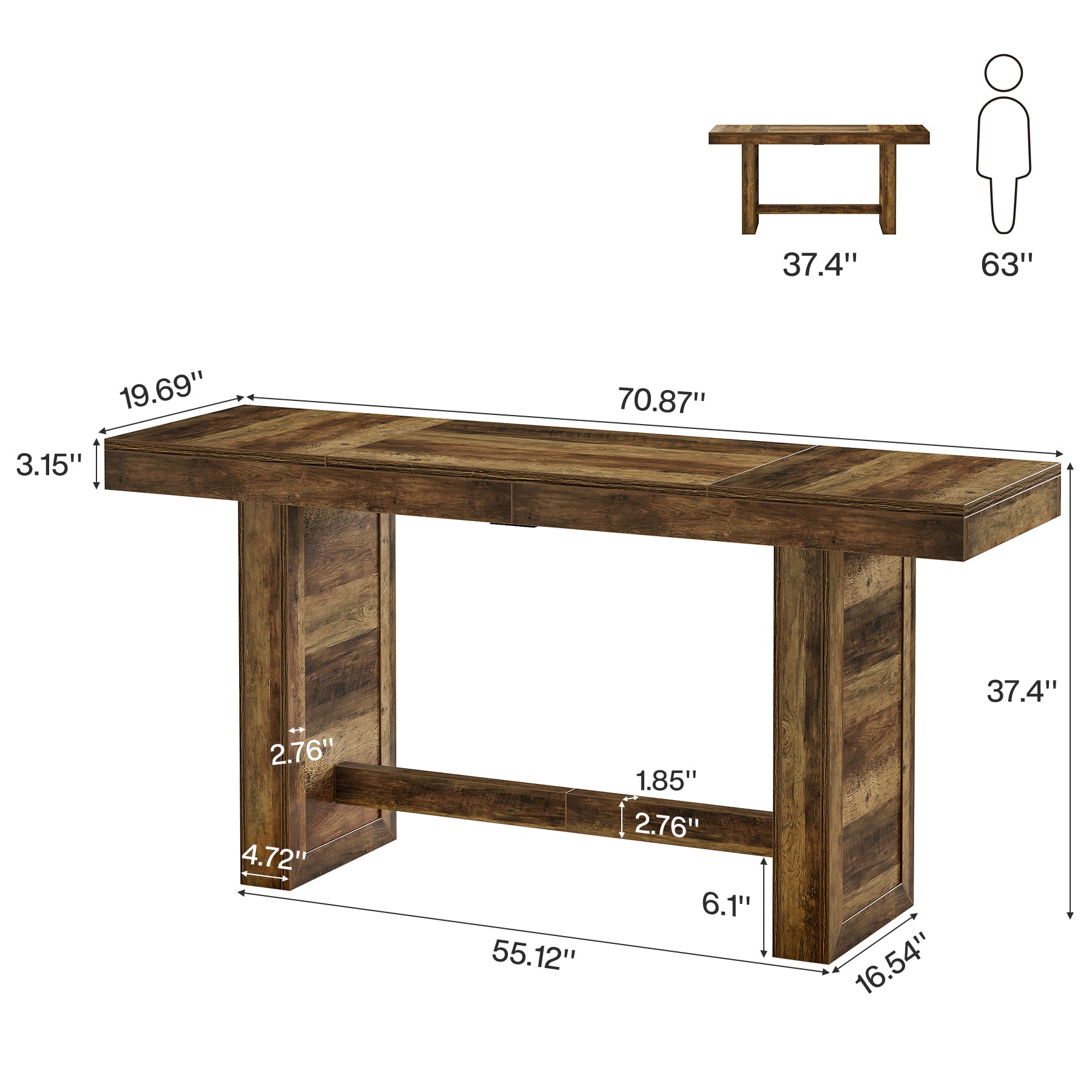 70.9" Bar Table, Rectangular Counter Height Pub Table with Footrest