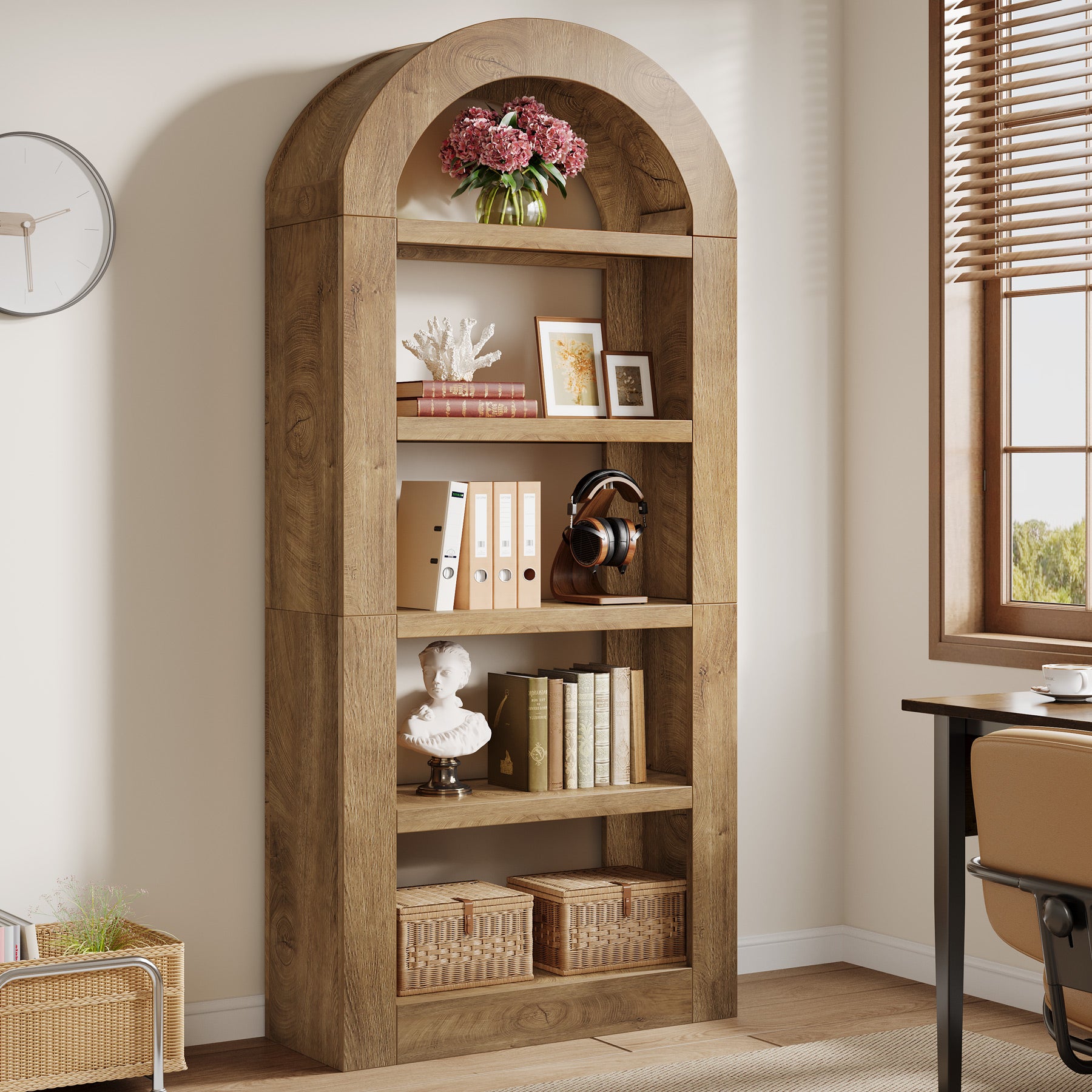 70.9" Bookshelf, 5-Tier Arched Bookcase Display Shelves Organizer