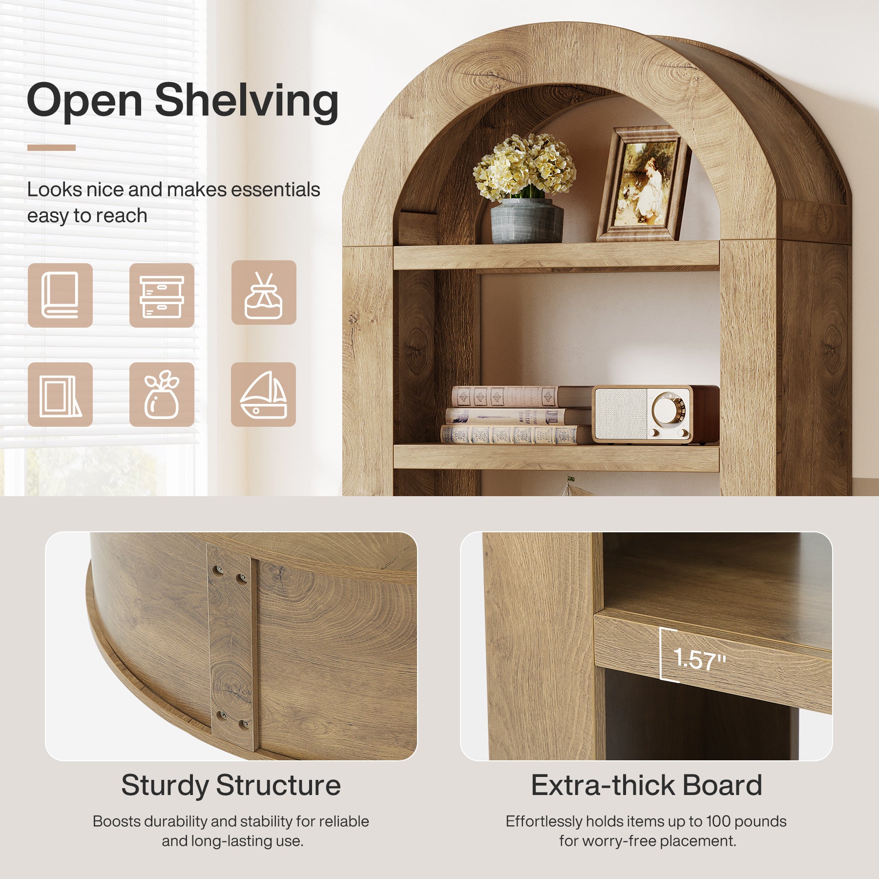 70.9" Bookshelf, 5-Tier Arched Bookcase Display Shelves Organizer