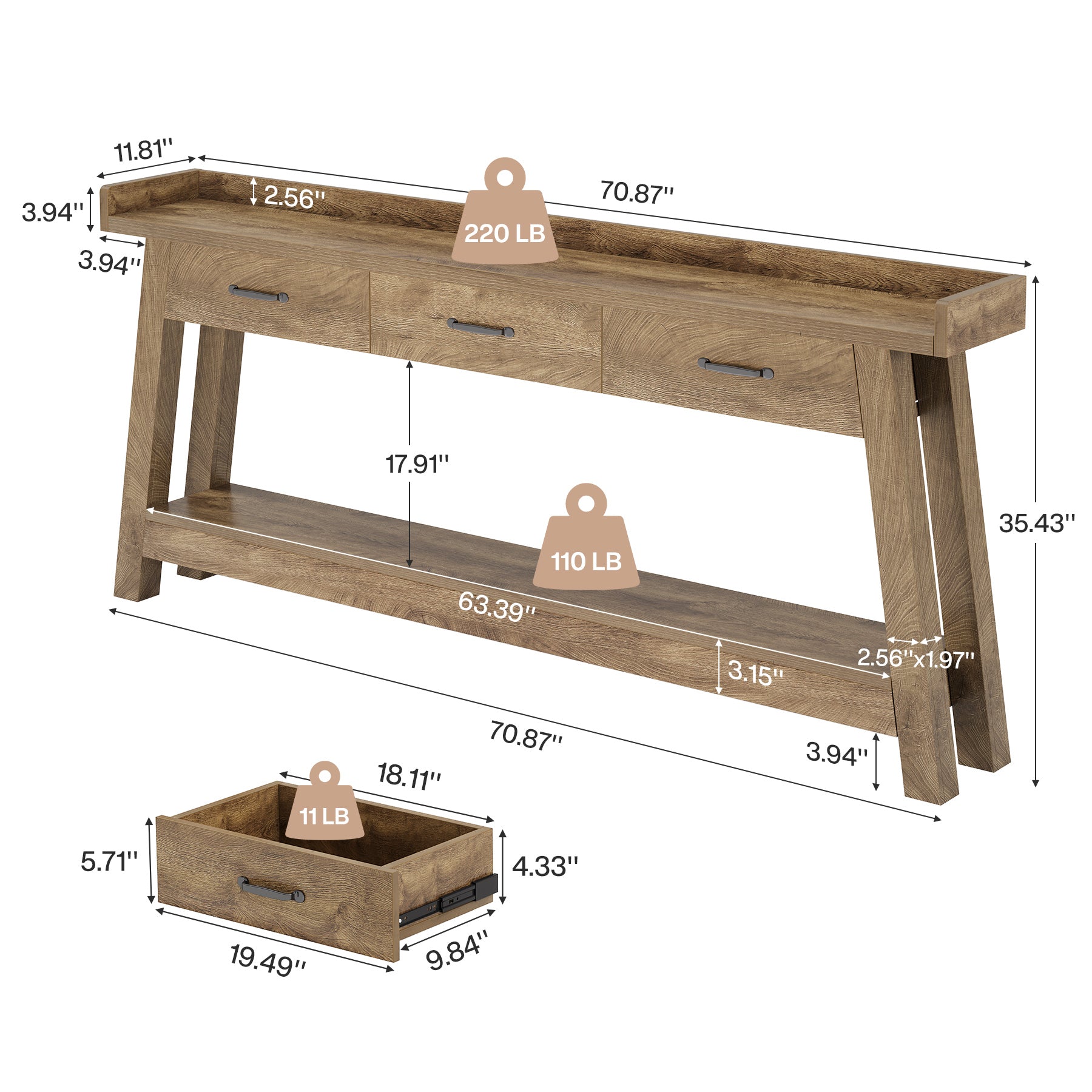 70.9" Console Table, 2-Tier Long Sofa Entryway Table with 3 Drawers and Raised Baffle