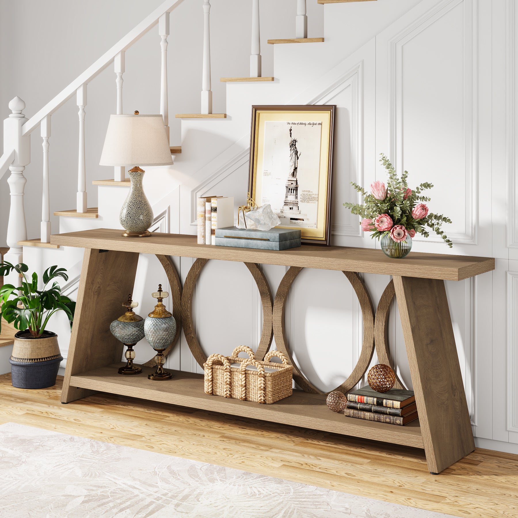 70.9" Console Table, Farmhouse Sofa Table Hallway Accent Table with 2 Tier Shelf