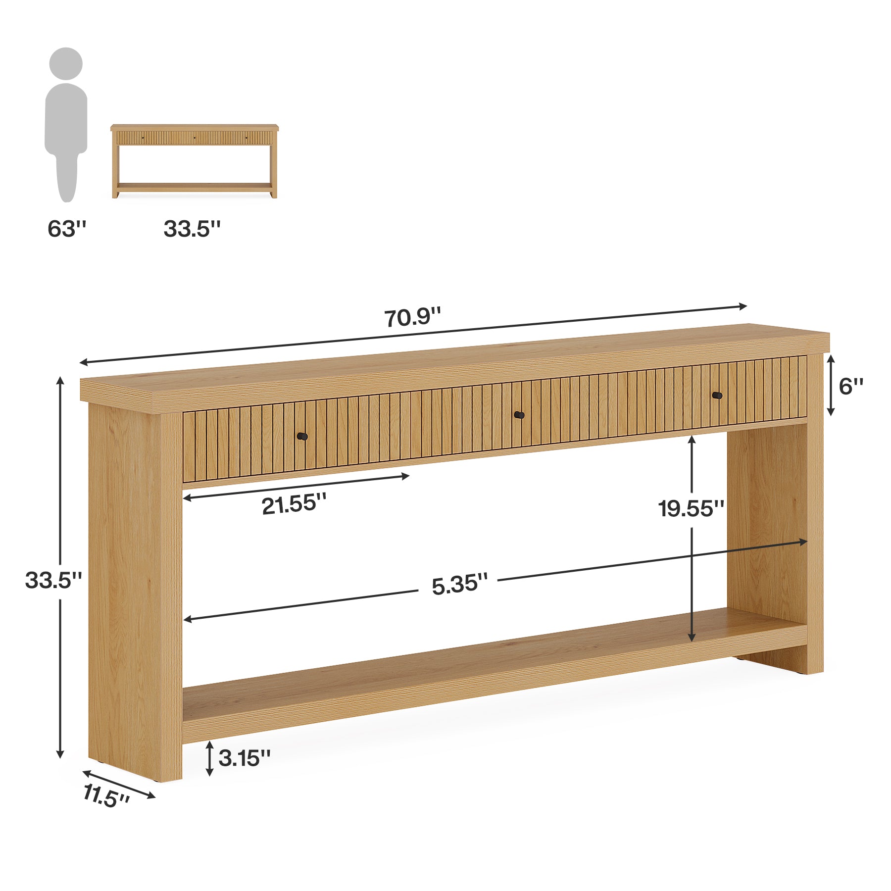 70.9" Console Table, Long Wood Sofa Table with 3 Drawers