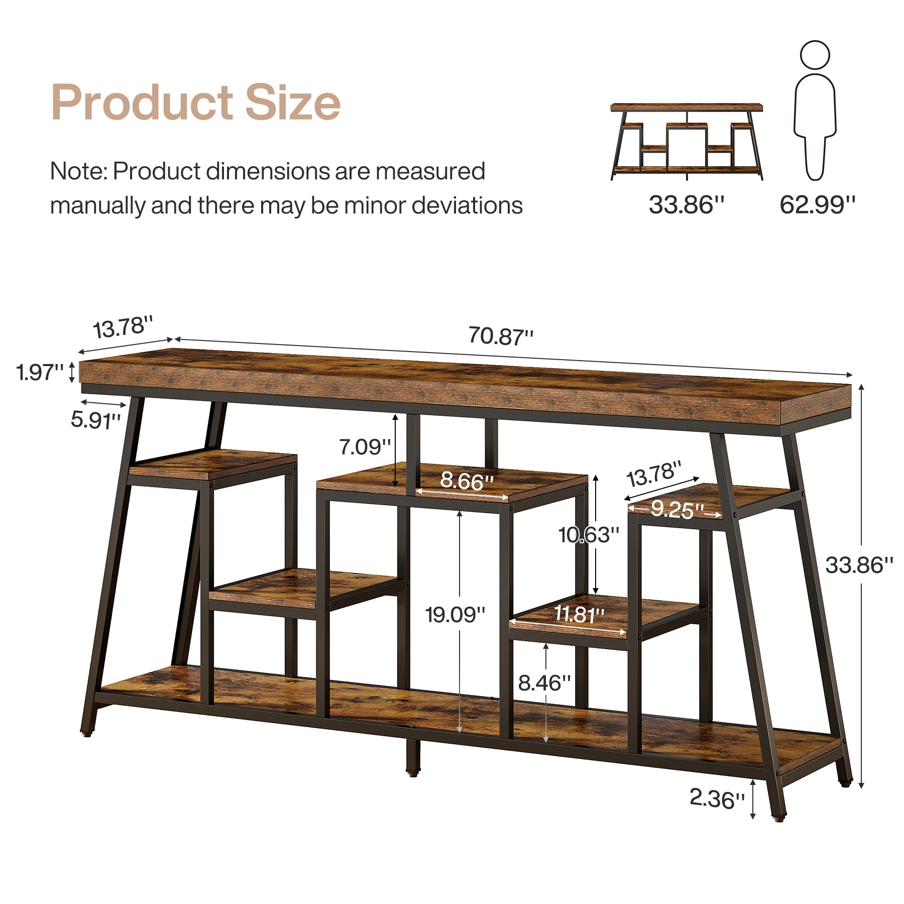 70.9“ Console Table, Sofa Table Behind The Couch Entryway Table with Storage Shelves