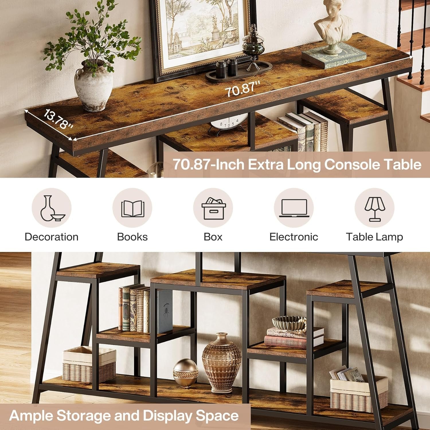 70.9“ Console Table, Sofa Table Behind The Couch Entryway Table with Storage Shelves