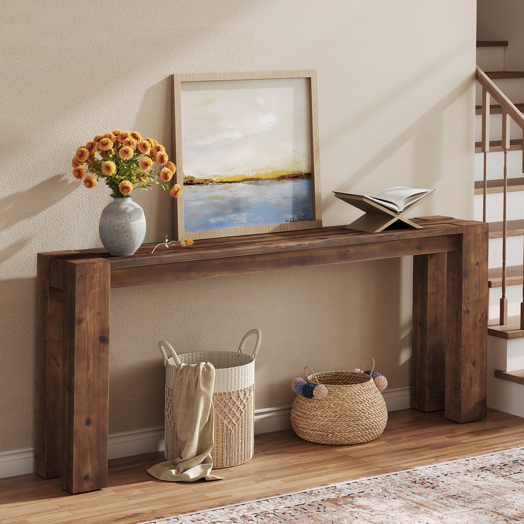70.9" Console Table, Solid Wood Long Sofa Table for Entryway