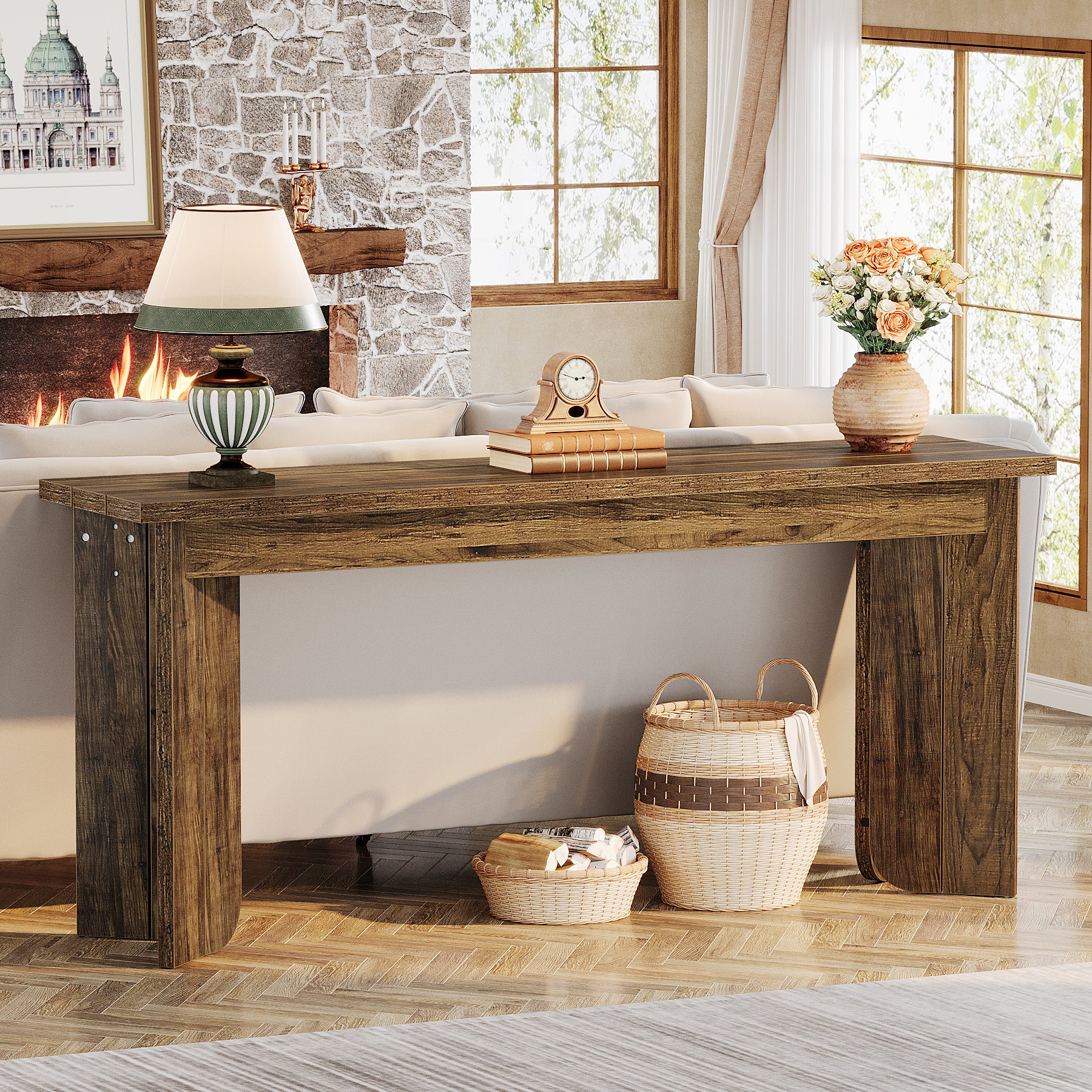 70.9" Console Table, Wood Sofa Table Hallway Table with Double Pedestal