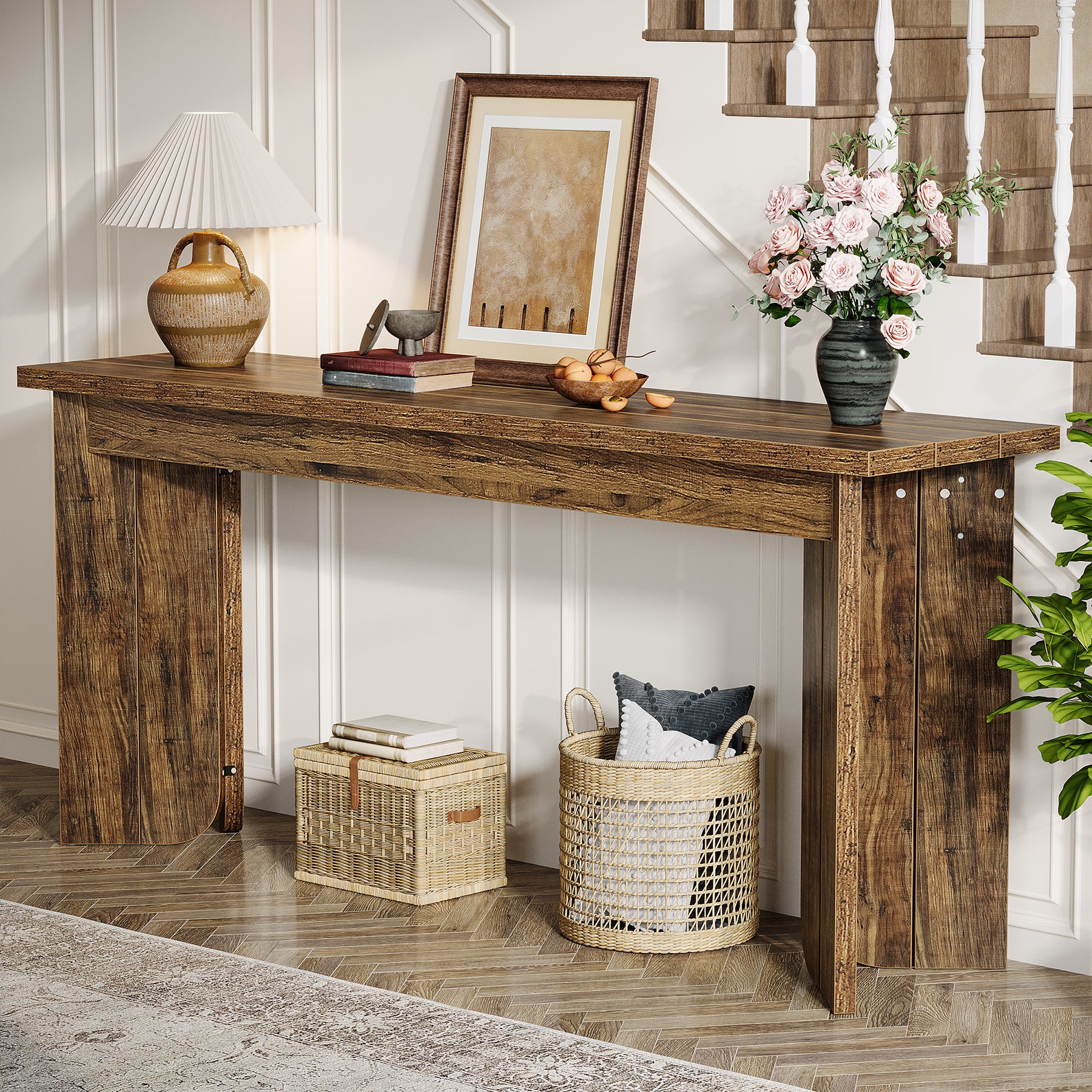 70.9" Console Table, Wood Sofa Table Hallway Table with Double Pedestal