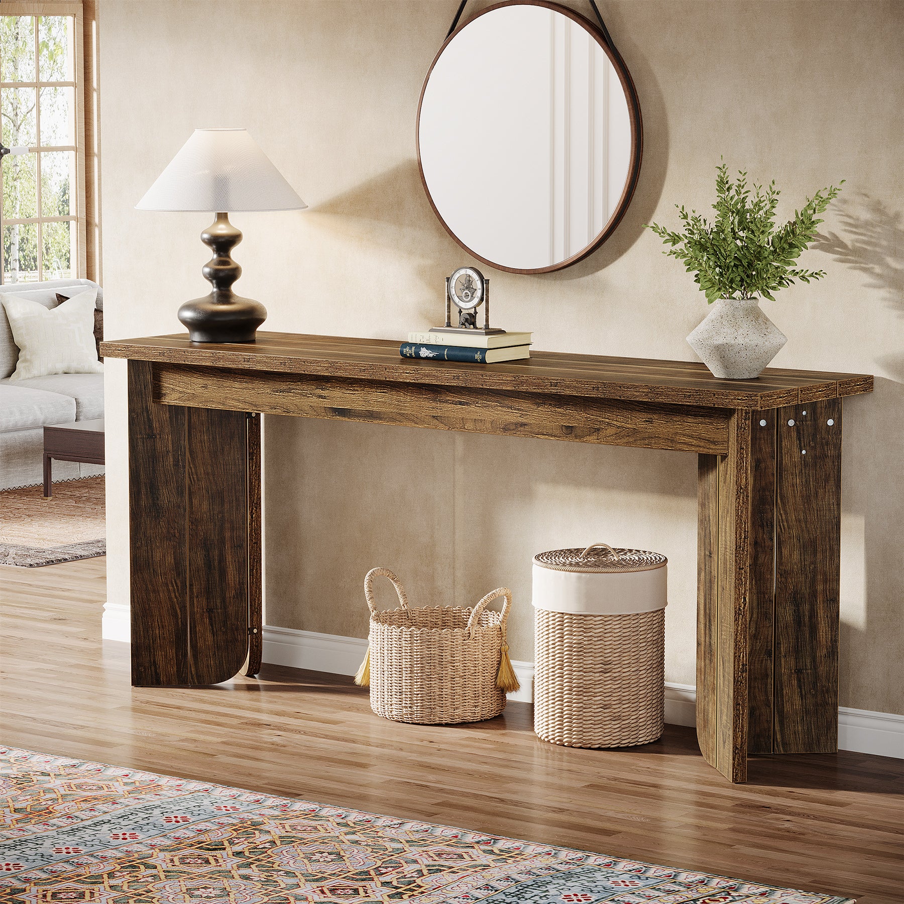 70.9" Console Table, Wood Sofa Table Hallway Table with Double Pedestal