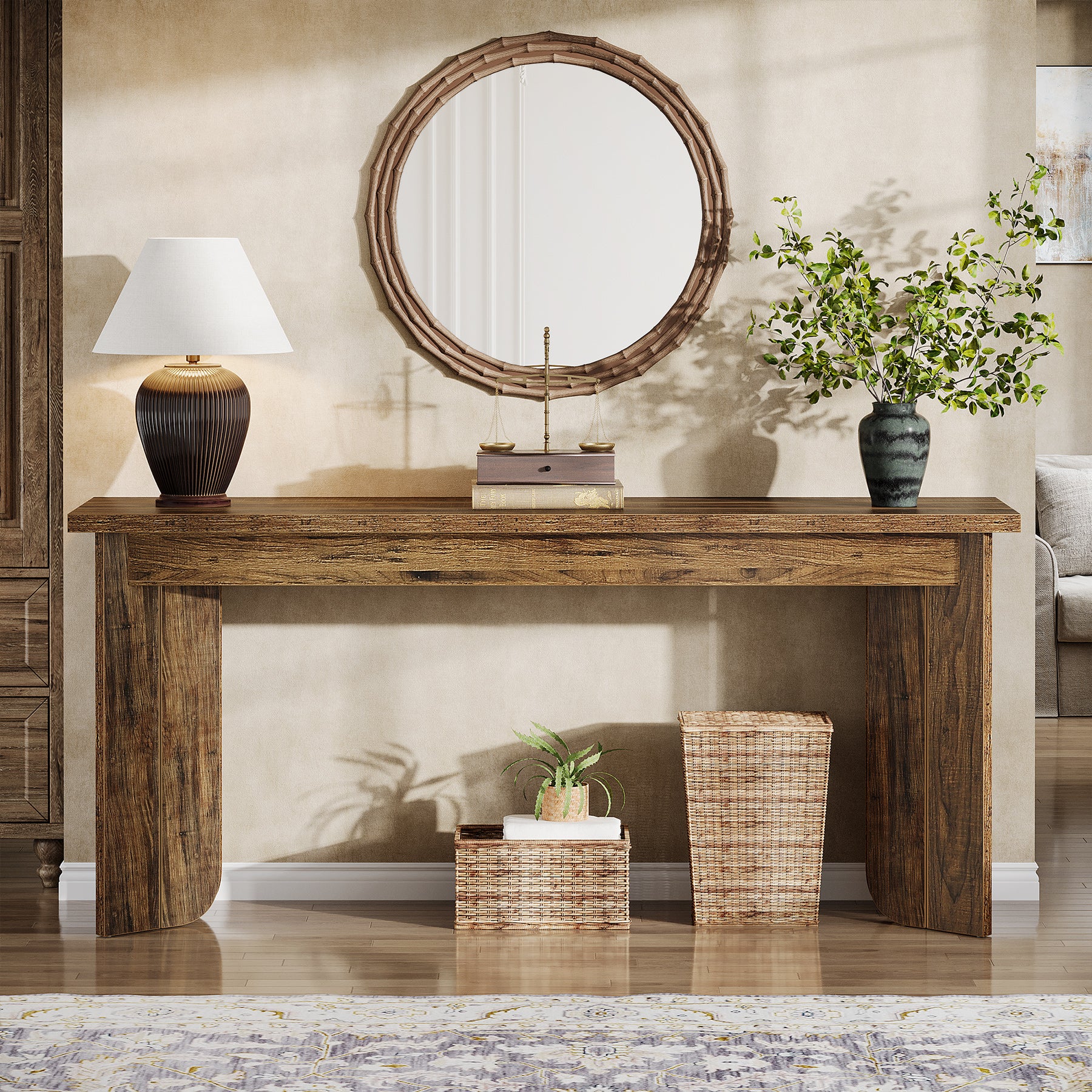 70.9" Console Table, Wood Sofa Table Hallway Table with Double Pedestal