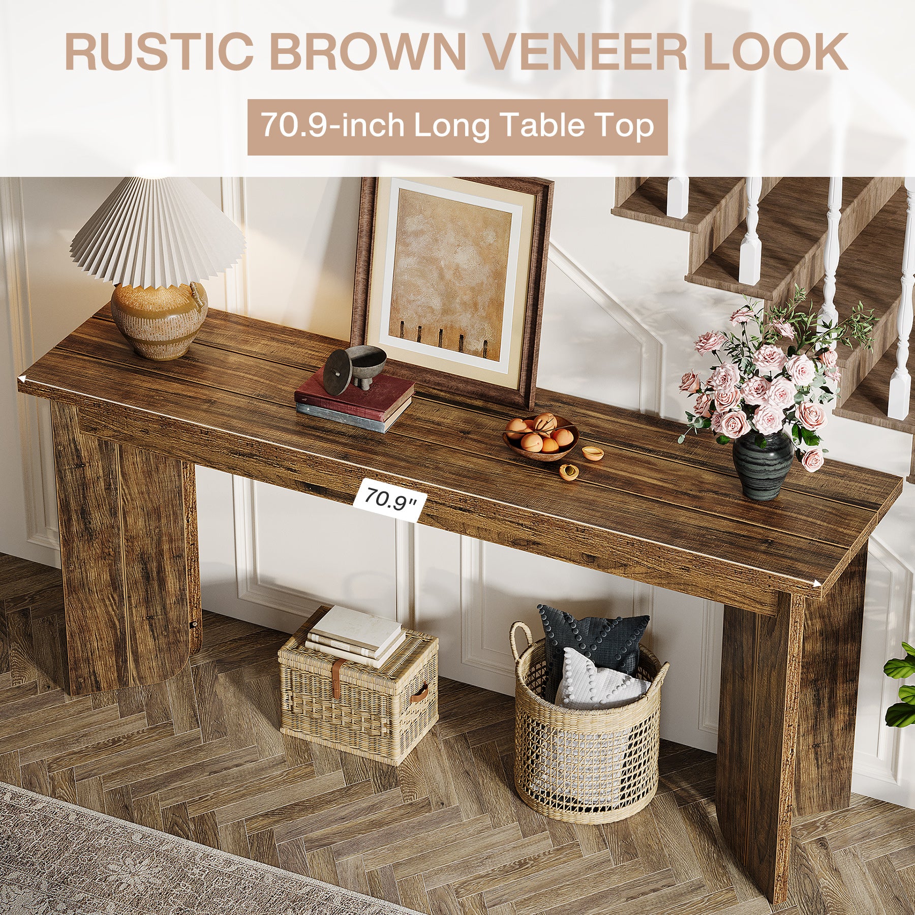 70.9" Console Table, Wood Sofa Table Hallway Table with Double Pedestal