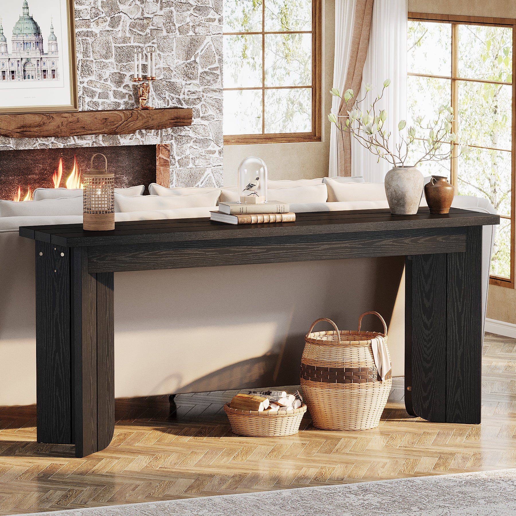 70.9" Console Table, Wood Sofa Table Hallway Table with Double Pedestal