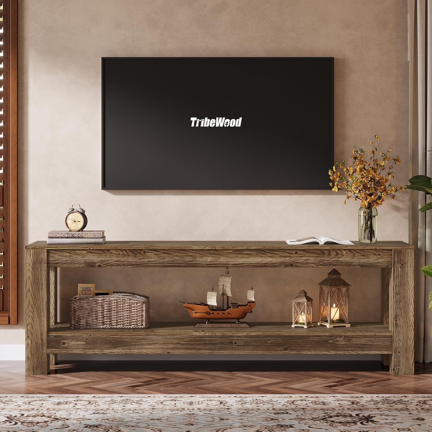 70.9" Farmhouse TV Stand, Wood Entertainment Center for 65/70/80/85-Inch TVs