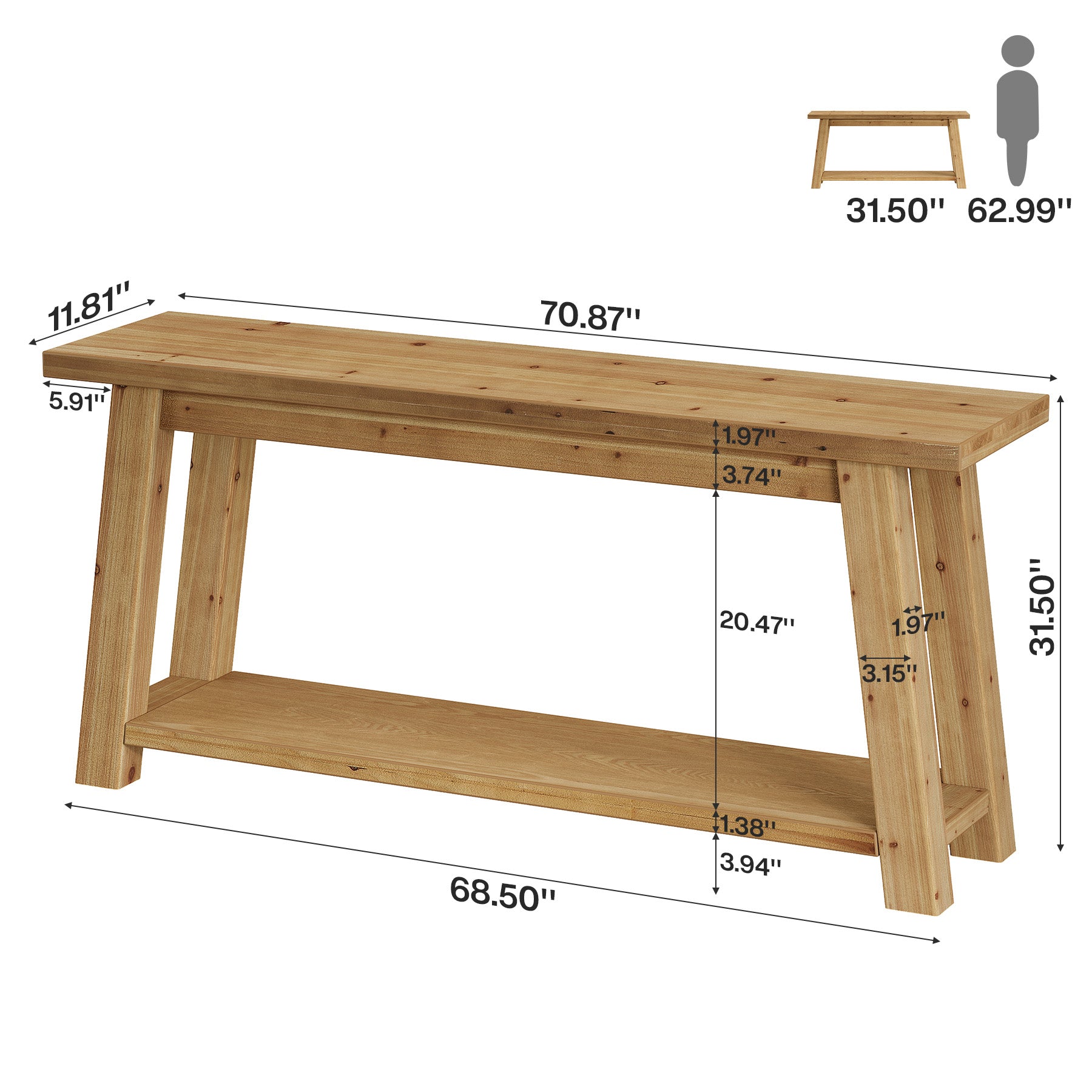 70.9" Solid Wood Console Table, Farmhouse Entryway Table for Living Room