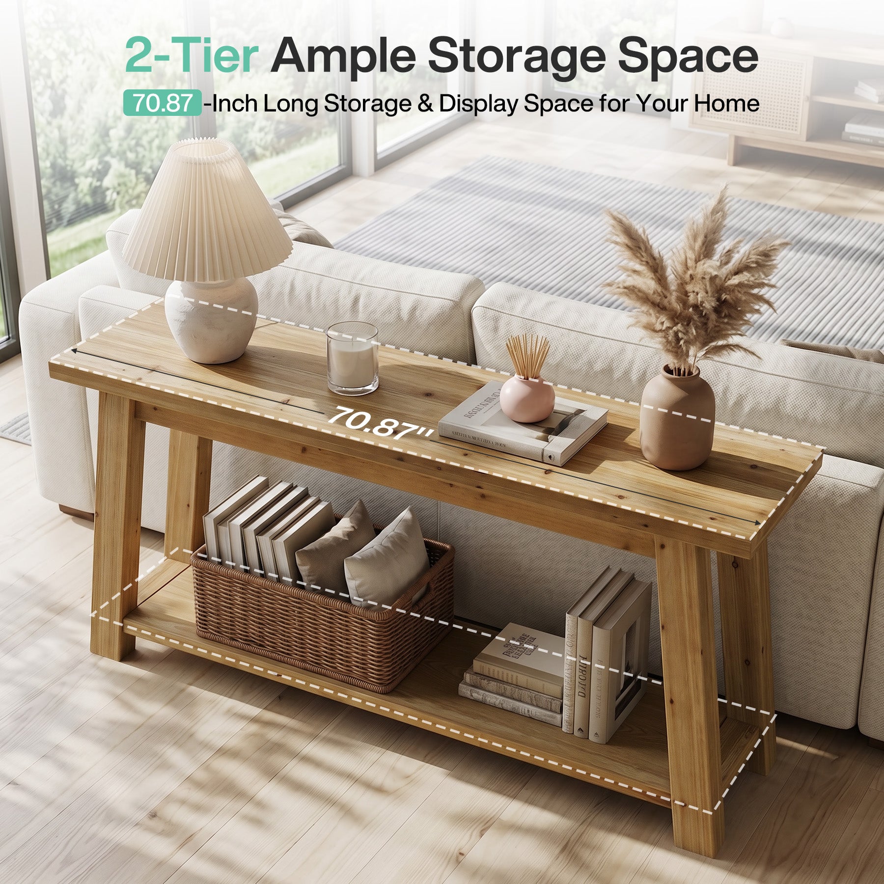70.9" Solid Wood Console Table, Farmhouse Entryway Table for Living Room