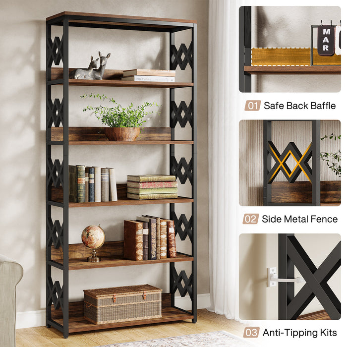 70.8" Bookshelf, 6 - Tier Vintage Bookcase Display Rack with Open Shelves Tribesigns