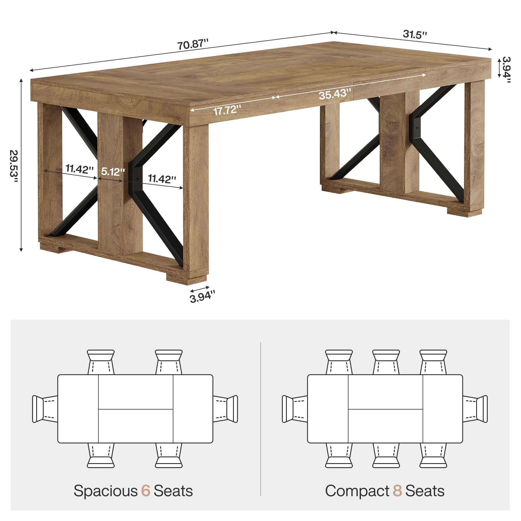 70.8" Dining Table, Wooden Kitchen Dinner Table for 6 - 8 People Tribesigns